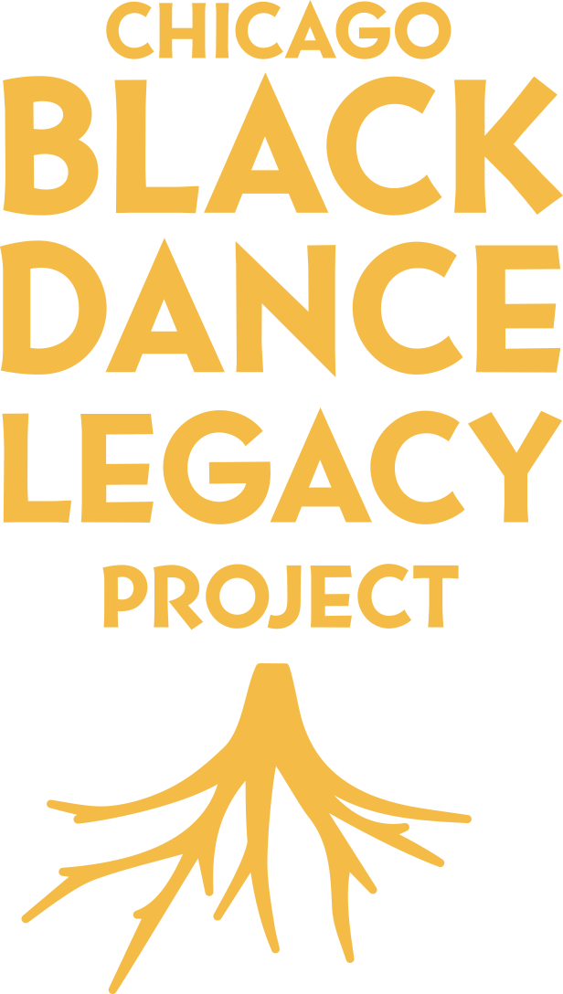Black background with gold text that reads "Chicago Black Dance Legacy Project" and a stylized gold tree with roots at the bottom.