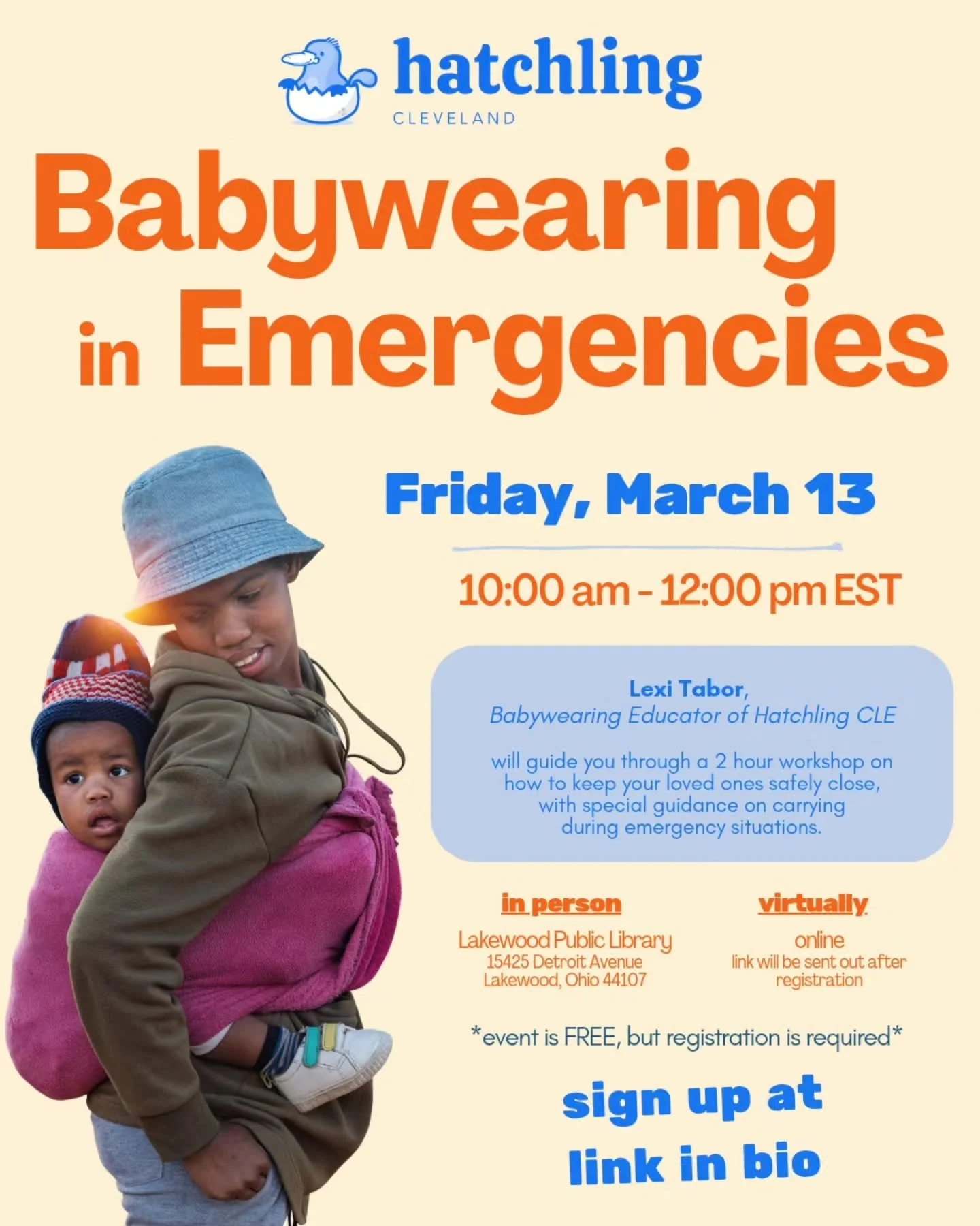 ⚠️ Babywearing in Emergencies 

Learn how to safely keep loved ones close during stressful events such as ER visits, illnesses that need monitoring, natural disasters, crowded places with unpredictable loud noises, and fleeing from any other unsafe s