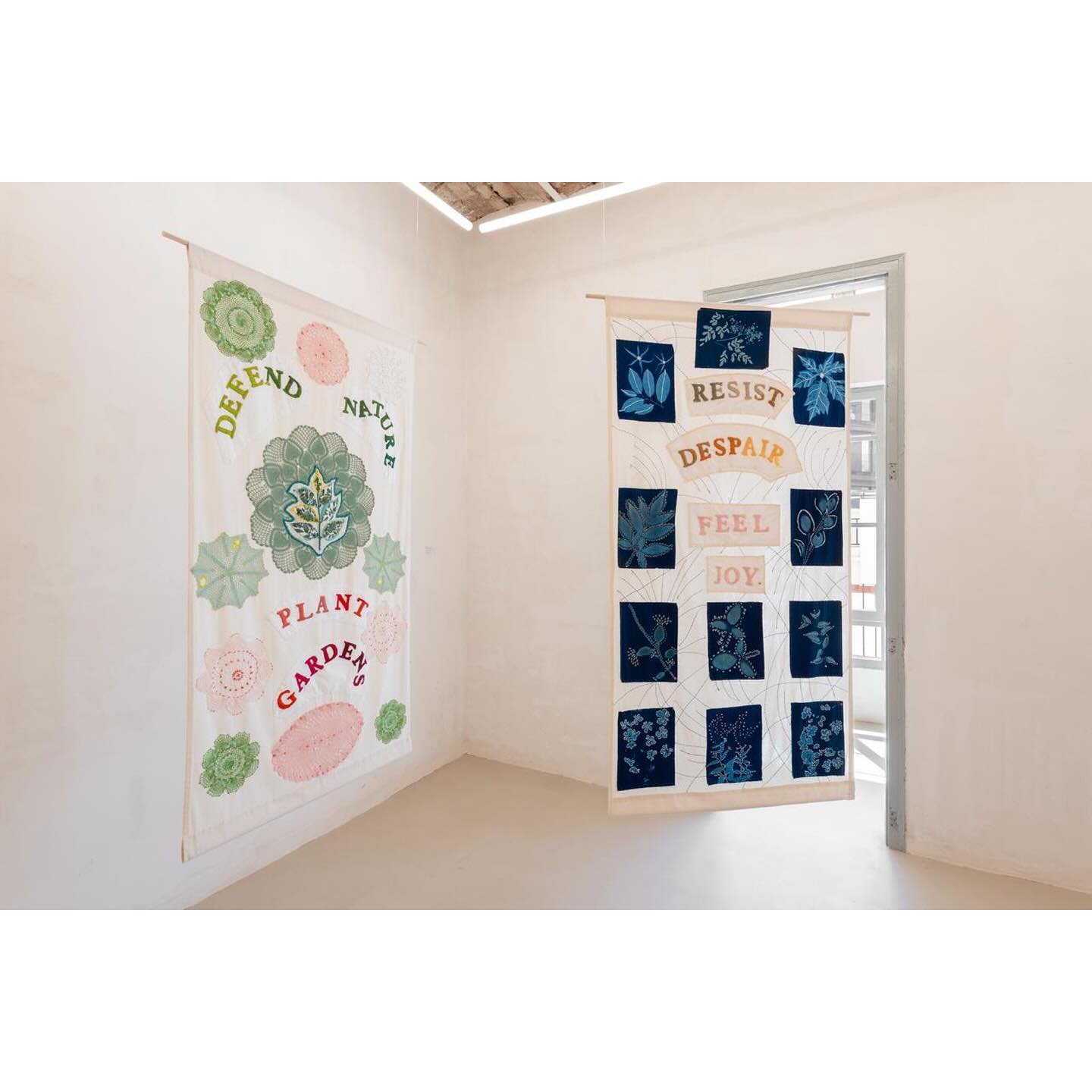 This suite of embroidered panels acknowledges British sewing traditions inherited by Barbadian women over several centuries. Practiced across race and class, the needle and thread instilled notions of what it meant to be feminine. 

Pray to Flowers d