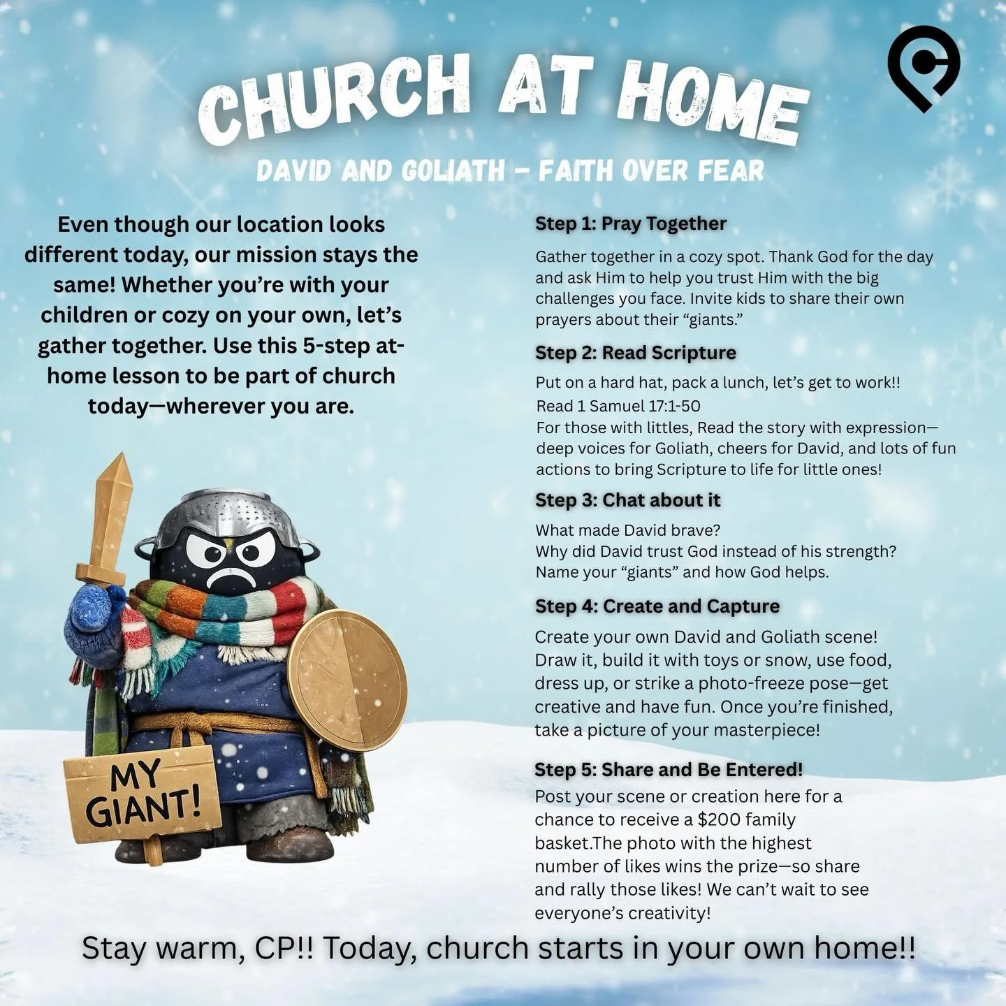 ❄️ Snow day = Church at Home!❄️ 

This weekend, church is happening right where you are. Check the graphic for service details and our family challenge, where you can win a $200+ Family Night gift basket! 

Head over to our Facebook page to be a part