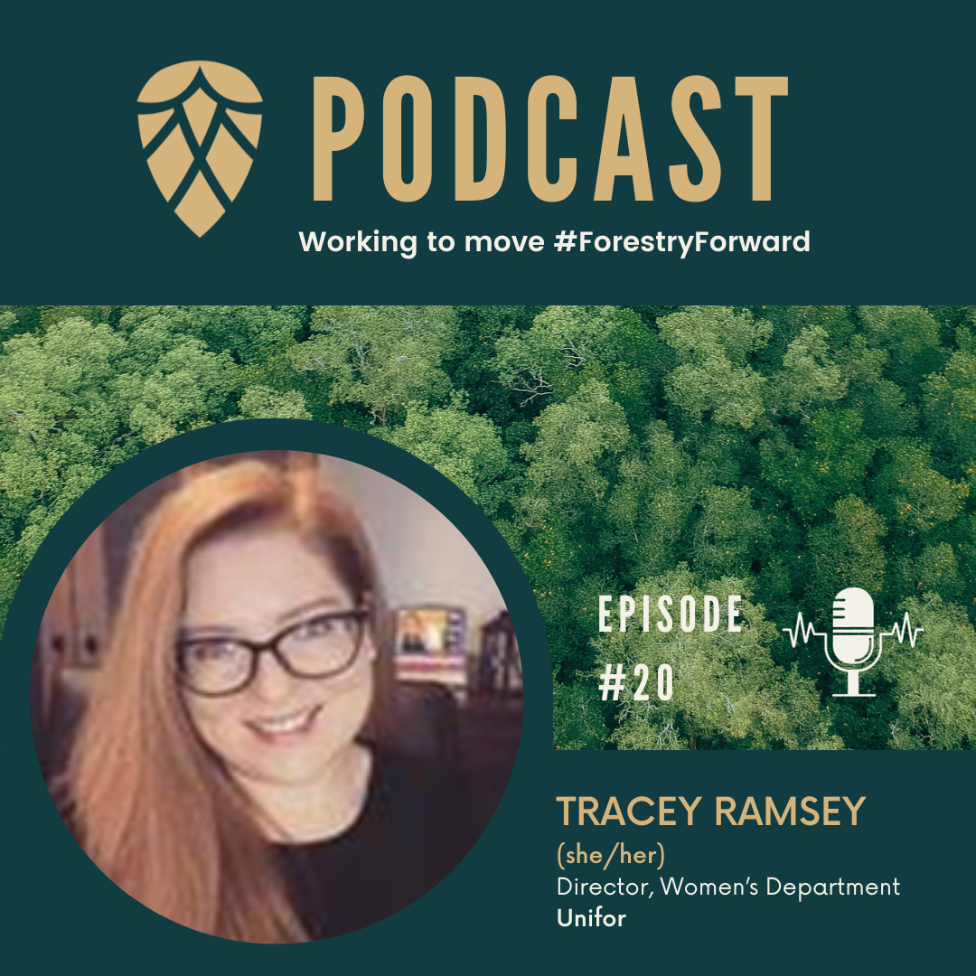Podcast cover featuring an aerial view of green forest canopy, with a circular photo of Tracey Ramsey, a woman with red hair and glasses, smiling. Text indicates episode 20 with Tracey Ramsey, Director of Women’s Department at Unifor, with a podcast logo and the tagline "Working to move #ForestryForward."