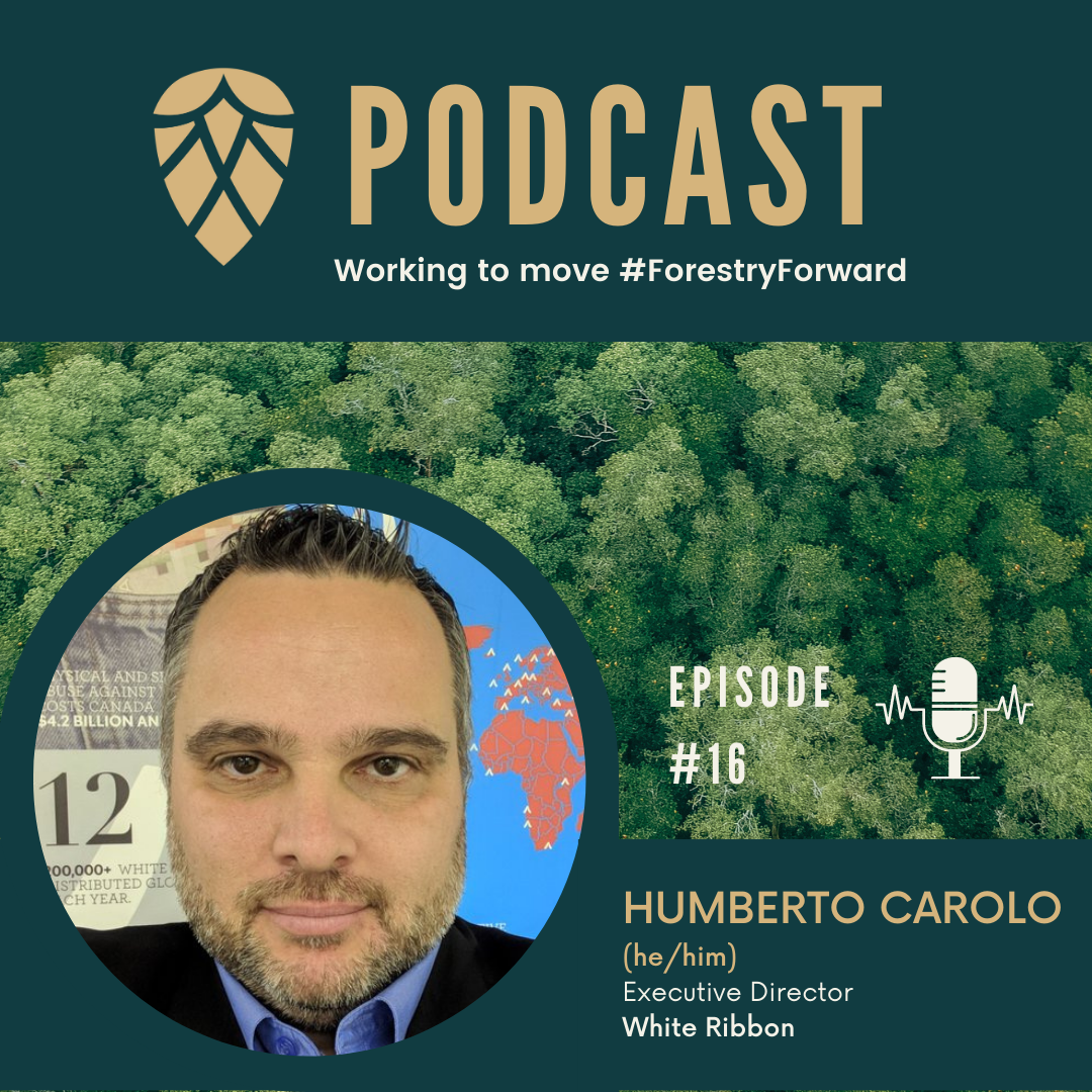 Podcast cover featuring a forest background, a headshot of Humberto Carolo, and text indicating episode 16 with details about him, including his role as Executive Director at White Ribbon.