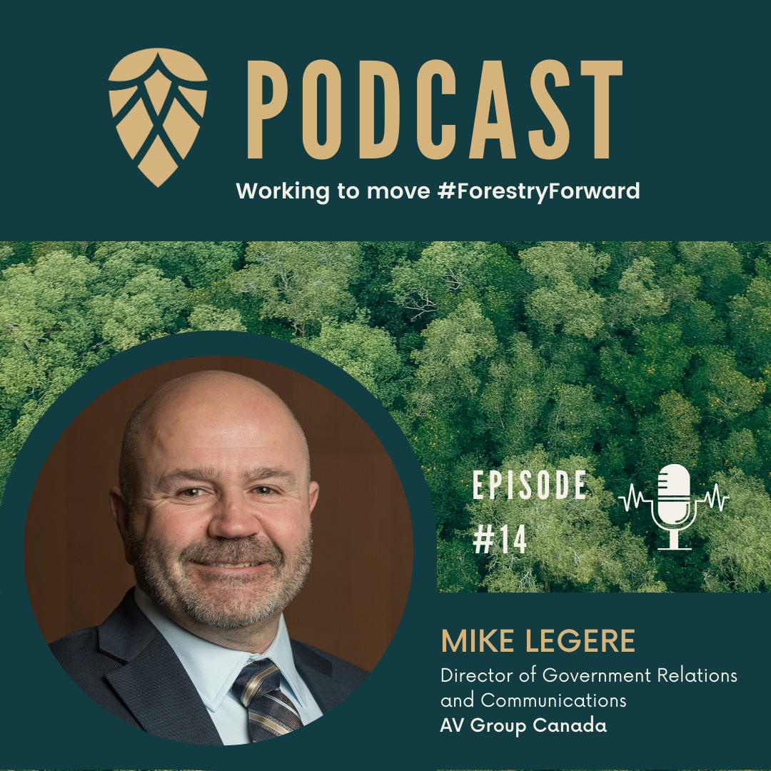 Podcast cover featuring a portrait of Mike Legere, a forest canopy background, and text promoting episode 14, with a logo of a cone-shaped leaf and a microphone icon.