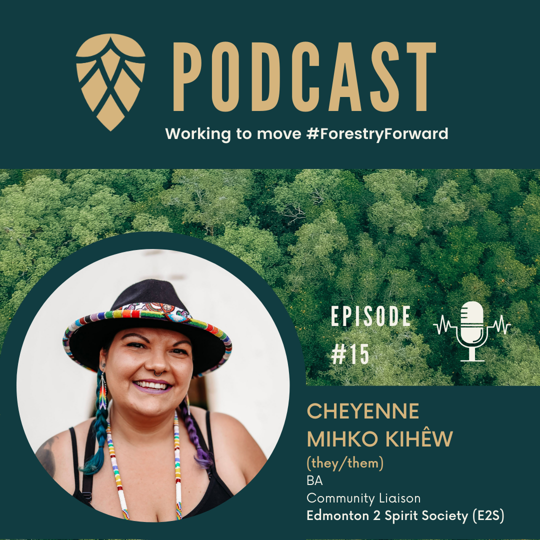 Podcast episode graphic featuring a portrait of Cheyenne Mihko Kihêw, a woman with colorful beaded jewelry and a hat, set against a background of forest trees, and includes text about the podcast episode #15, titled 'Cheyenne Mihko Kihêw,' who is a community liaison for Edmonton 2 Spirit Society, with a microphone icon and hashtag #ForestryForward.
