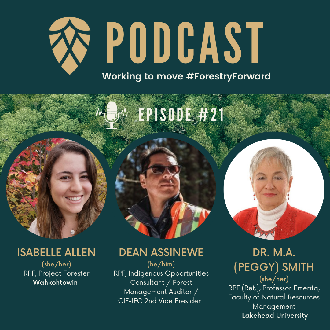 Podcast promotional graphic featuring three speakers for Episode 21 about forestry. The background shows a forest canopy, with a logo of a stylized leaf. The speakers are Isabelle Allen, Dean Assinewe, and Dr. M. A. (Peggy) Smith, with their titles and affiliations listed.