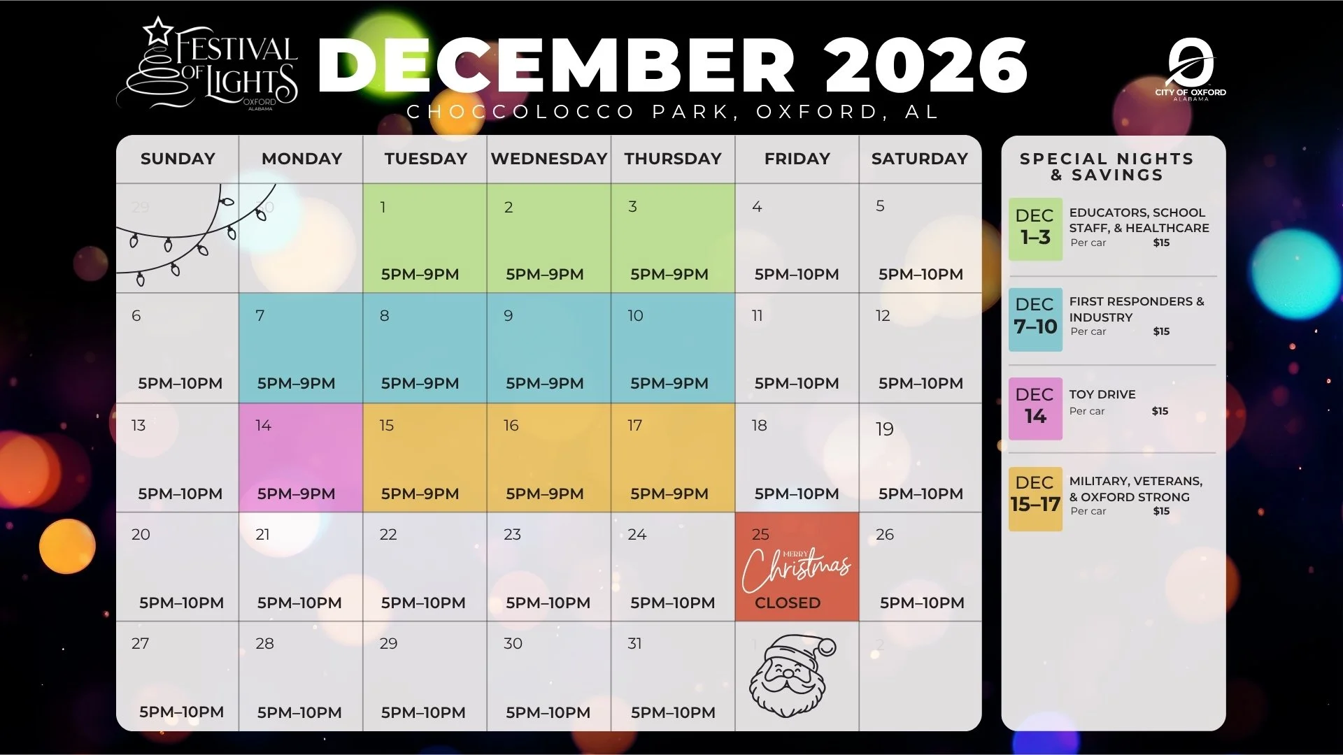 December 2026 schedule at Choccoloco Park with event times, special savings nights, including Educators, school staff, & healthcare December 1-3, First responders & industry December 7-10, toy drive December 14, military & vets December 15-17