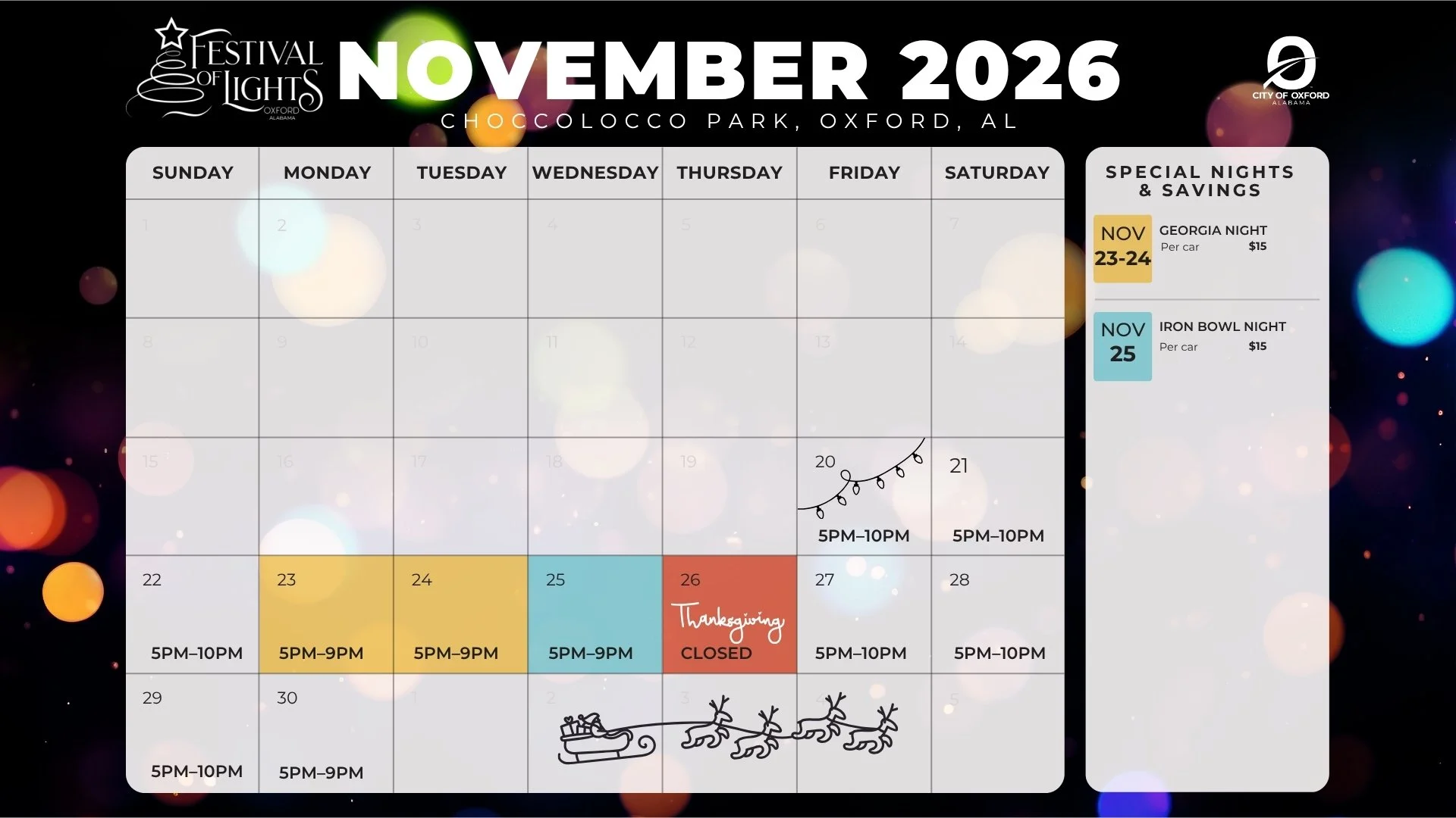 November 2026 event calendar for Festival of Lights at Chocolocco Park, Oxford, Alabama, with special nights including Georgia Night on November 23-24 and Iron Bowl Night on November 25, and various event times. The calendar features festive graphics and a Santa sleigh with reindeer illustration.