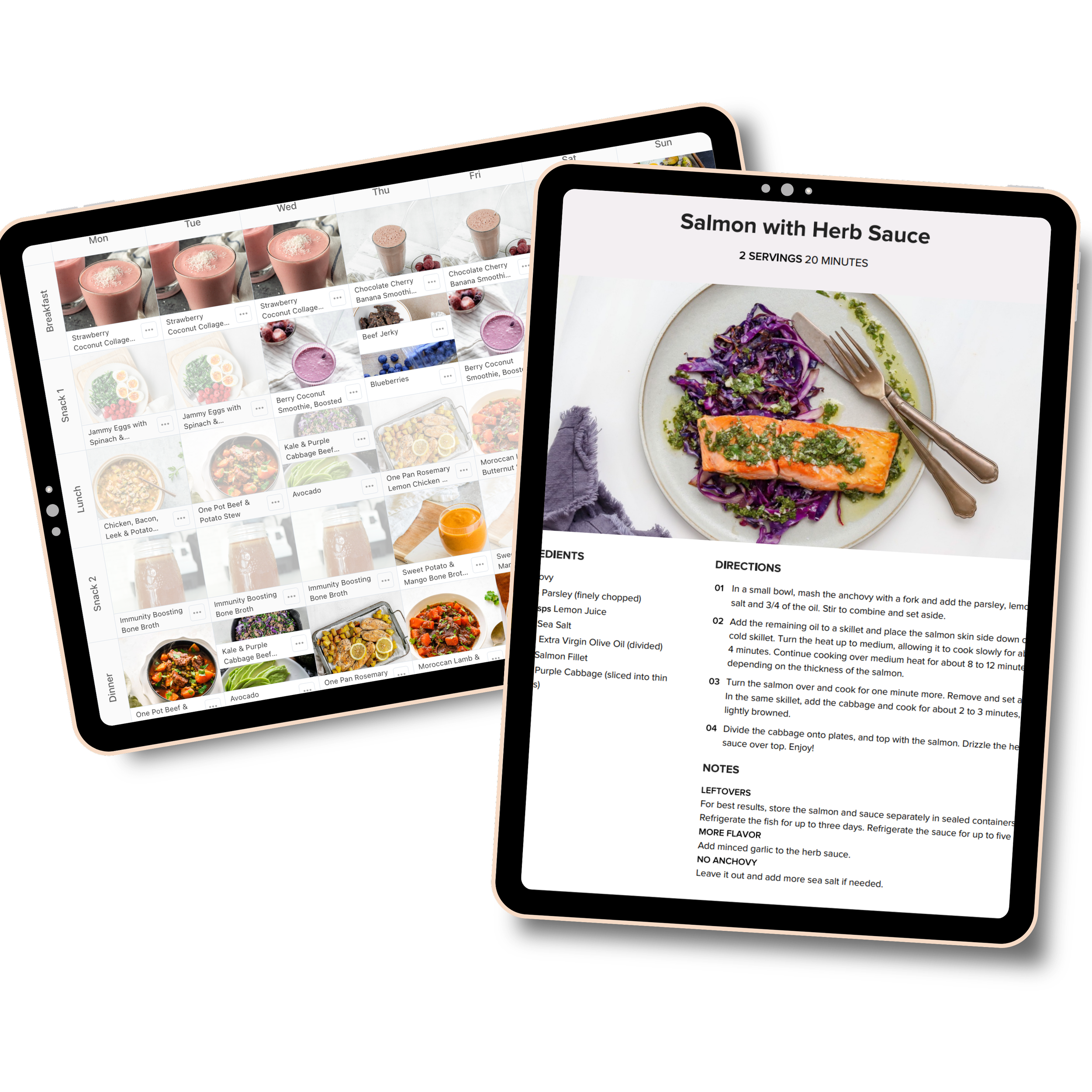21-Day AIP Meal Prep Challenge recipe guide and weekly meal planning resources displayed on digital tablets
