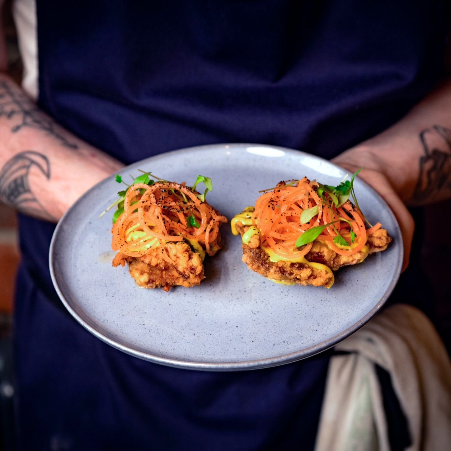 'Kaarage'
Crispy Fried Chicken - Katsu Mayo - Carrot - Kombu Vinagrette

Who doesn't like fried chicken? You? Up the road! 
Itsthe corner stone of any nutritious meal! A class wee addition from @conner__mcilroy, Bellissimo!

📷: @clypstudio
