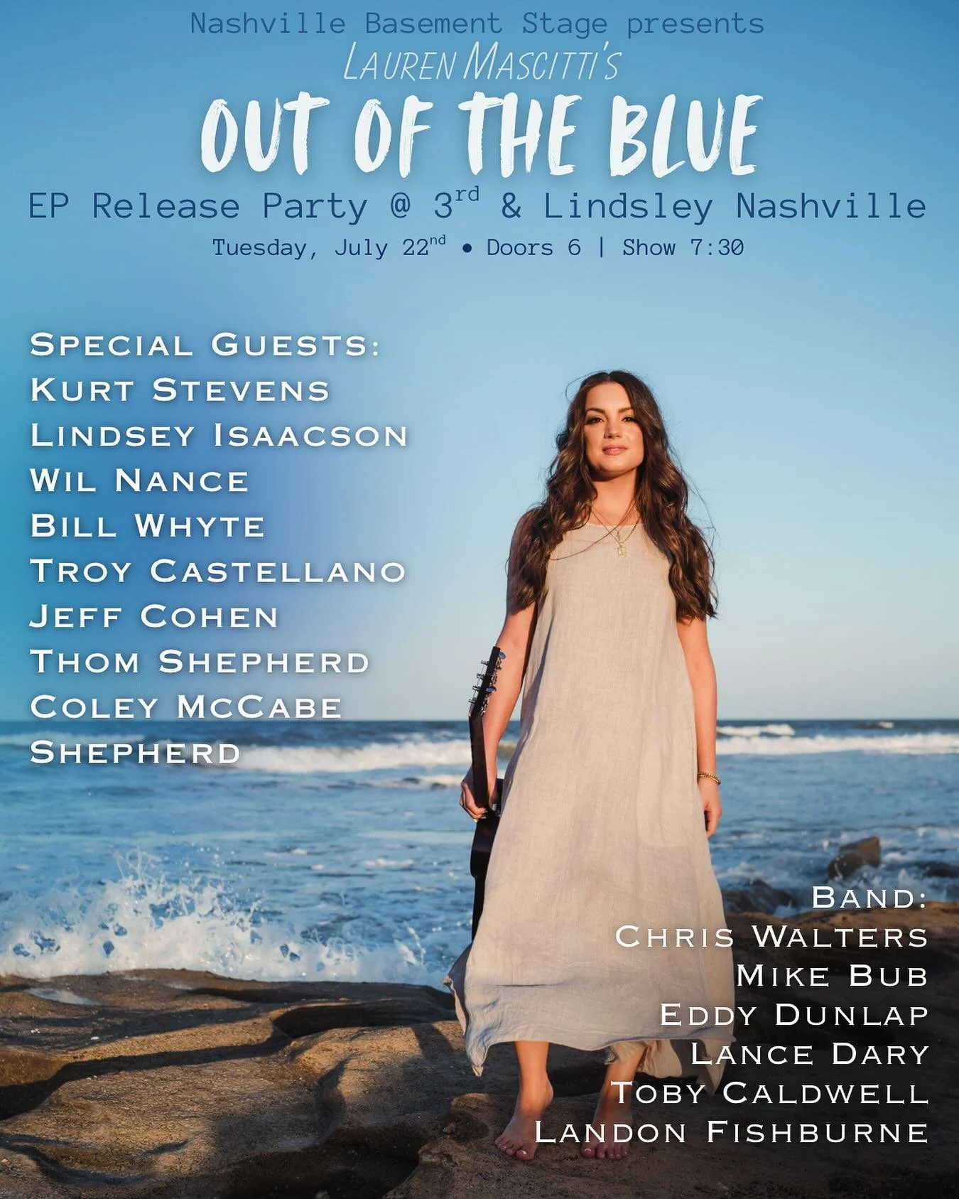 SPECIAL GUESTS ANNOUNCED!!! 🩵 I can&rsquo;t tell y&rsquo;all how excited I am to celebrate the release of my new EP &ldquo;Out of the Blue&rdquo; with some of my favorite friends, co-writers, bandmates, and YOU!!! 

We have the talented @kurtstevens