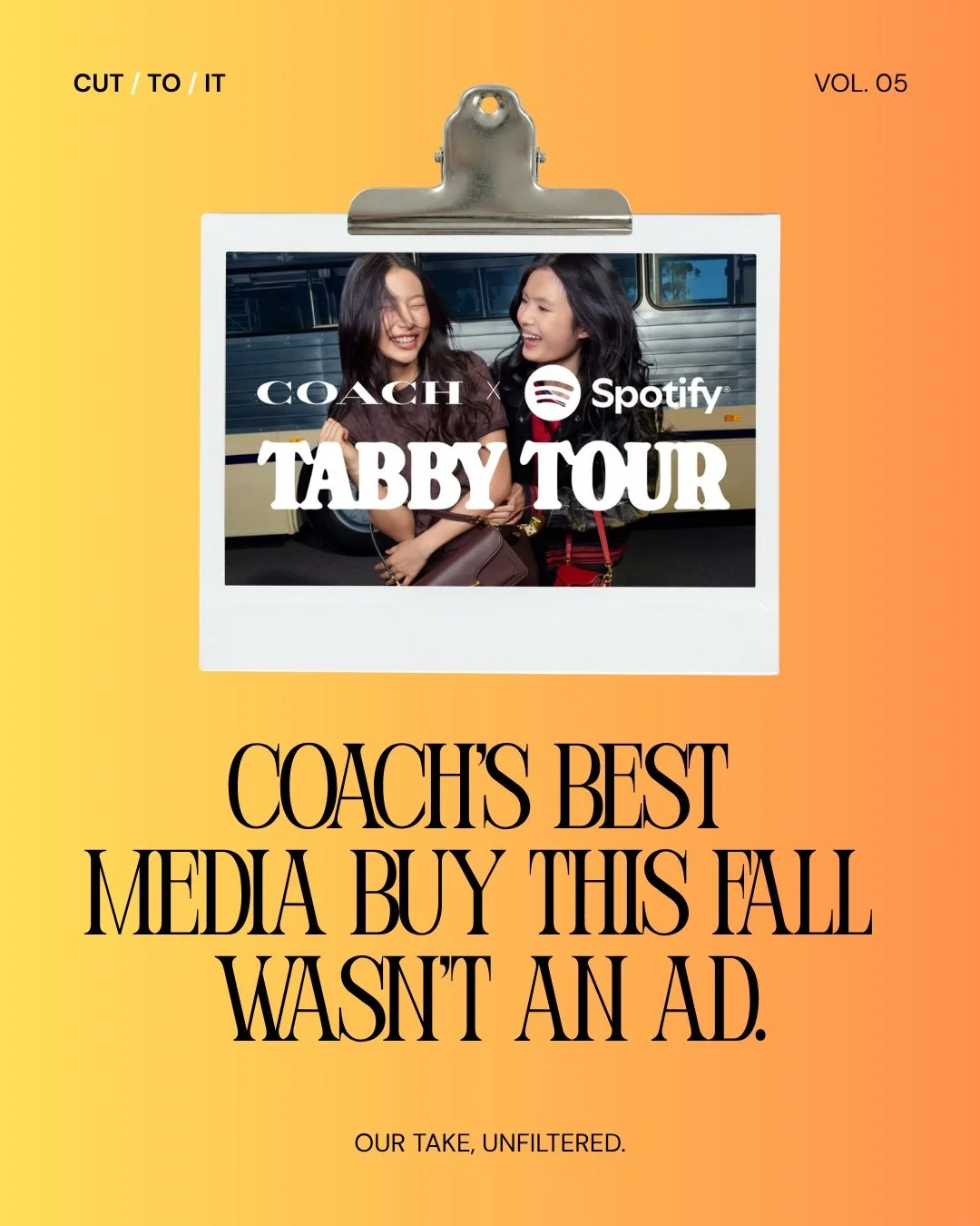 Coach's most interesting media buy this fall wasn't an ad. 😮

Alongside its campaign films, "Live Your Story" added a touring bus hitting college campuses worldwide, plus a branded Spotify hub that turns your listening habits into a person