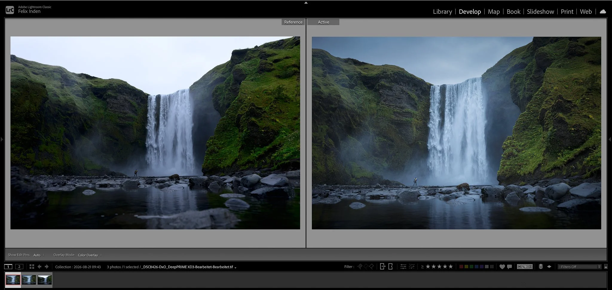 Left, the global edit. Right, after selective masks, cropping, foreground lifted, edges quieted, the eye drawn to what matters.