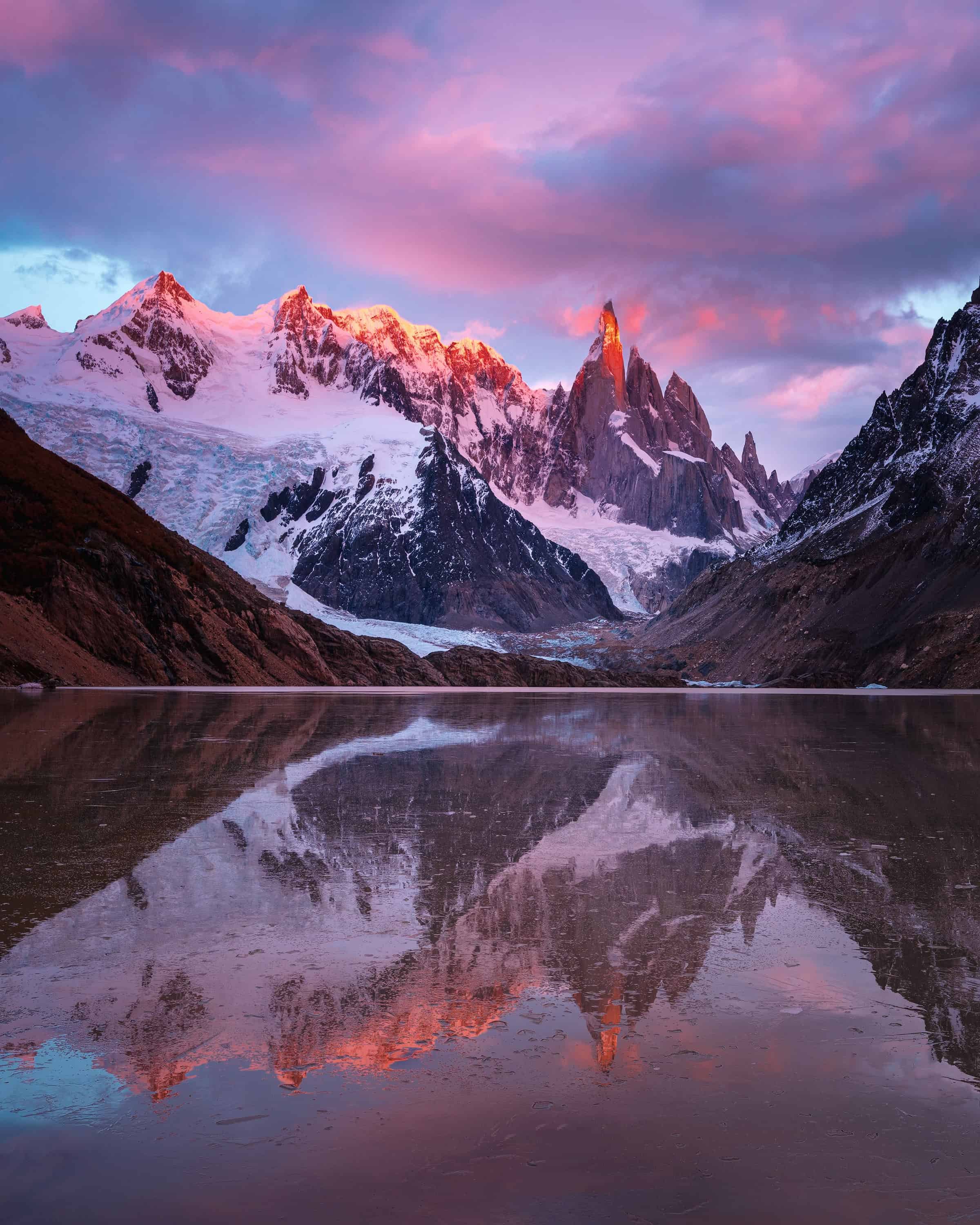 Cerro Torre at sunrise shot in Los Glaciares National Parc in Argentina with a Nikon Z8 and Nikkor Z 14-24 f/2.8 on a Really Right Stuff TVC-33 tripod by landscape photographer Felix Inden