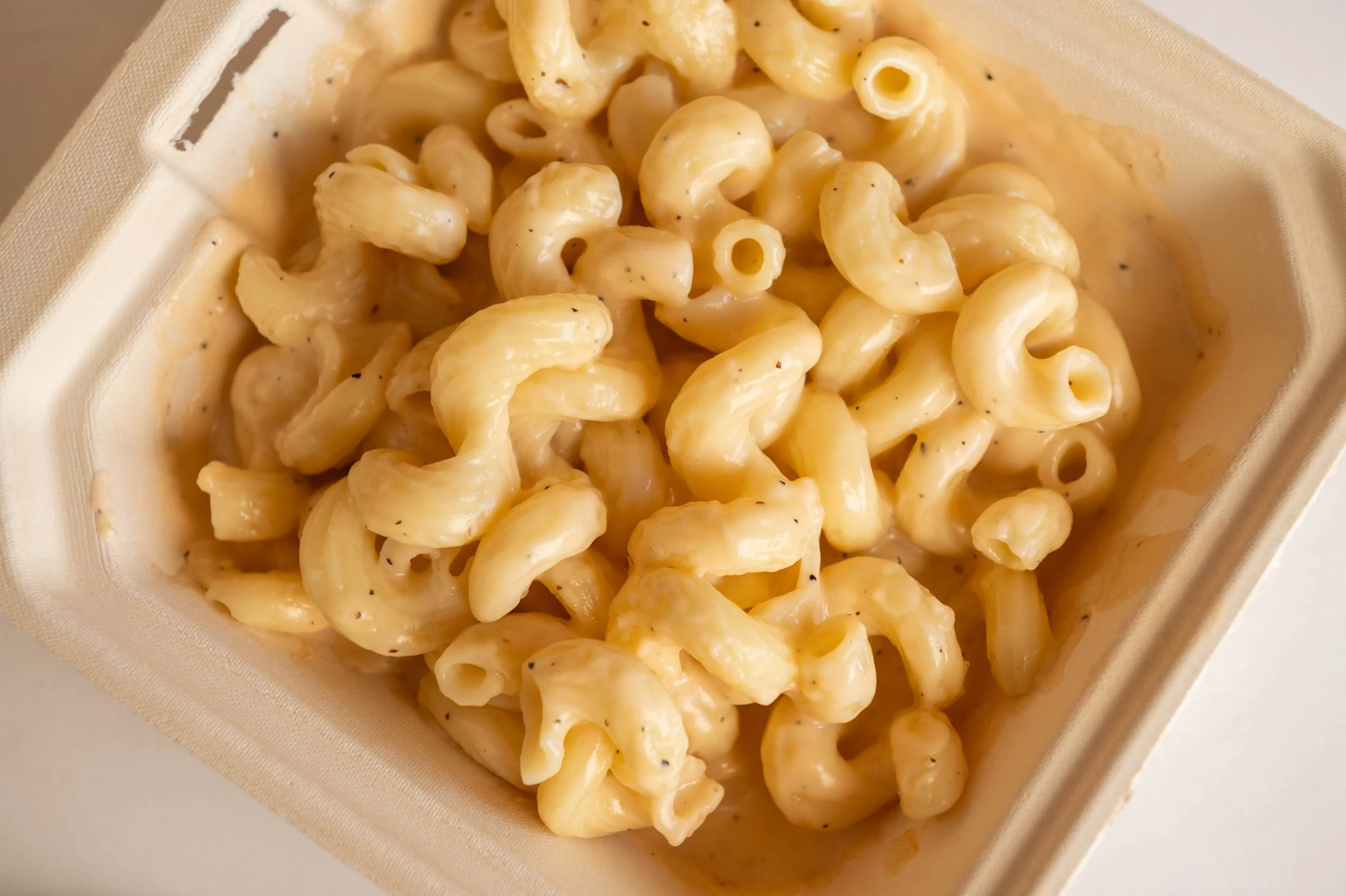 Creamy macaroni and cheese in a foam container
