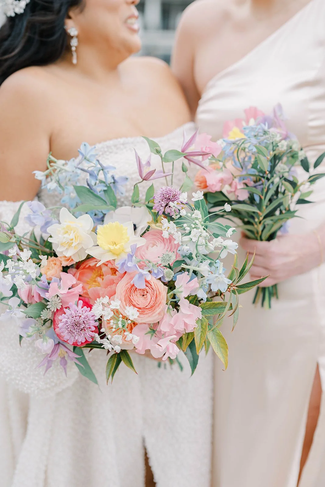 Spring wedding Bouquet at Bear Brook Valley in New Jersey featuring colorful floral design with peonies, daffodils, and sweet pea