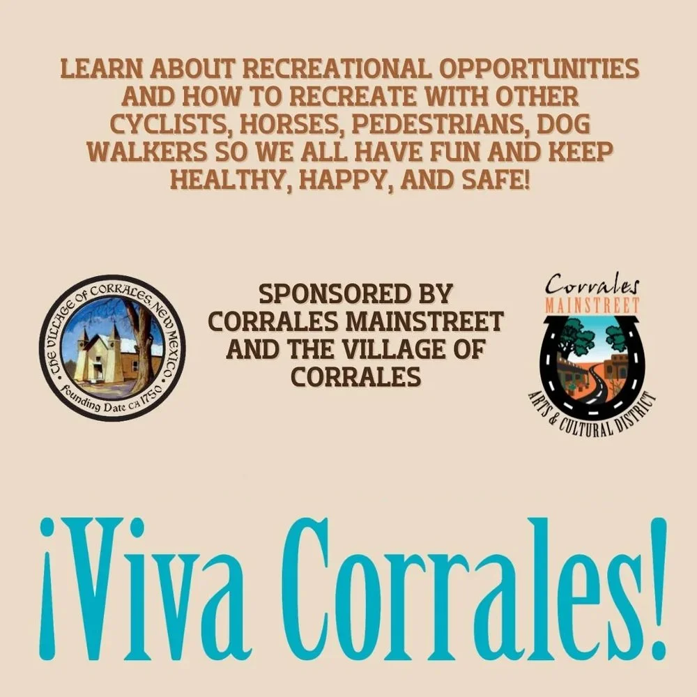 Event flyer for "Viva Corrales!" on 28 April, 10 AM to 3 PM at 500 Jones Rd, featuring recreational opportunities information. Sponsored by Corrales MainStreet and Village of Corrales. Logos included.