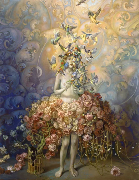 Self-Portrait with Birds on my Head oil on canvas 67” x 52”