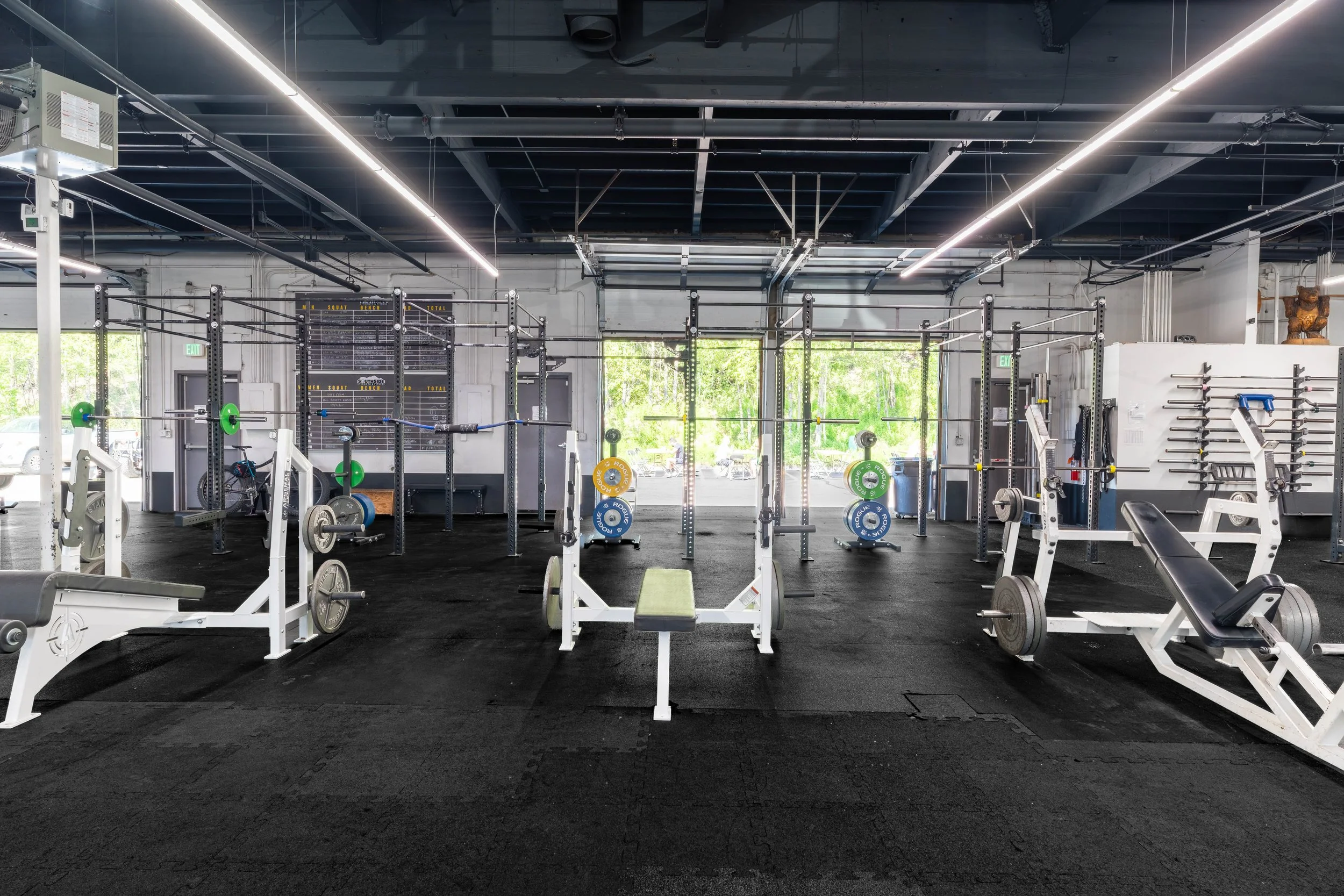 Empty gym with weightlifting equipment and large windows showing outside greenery.