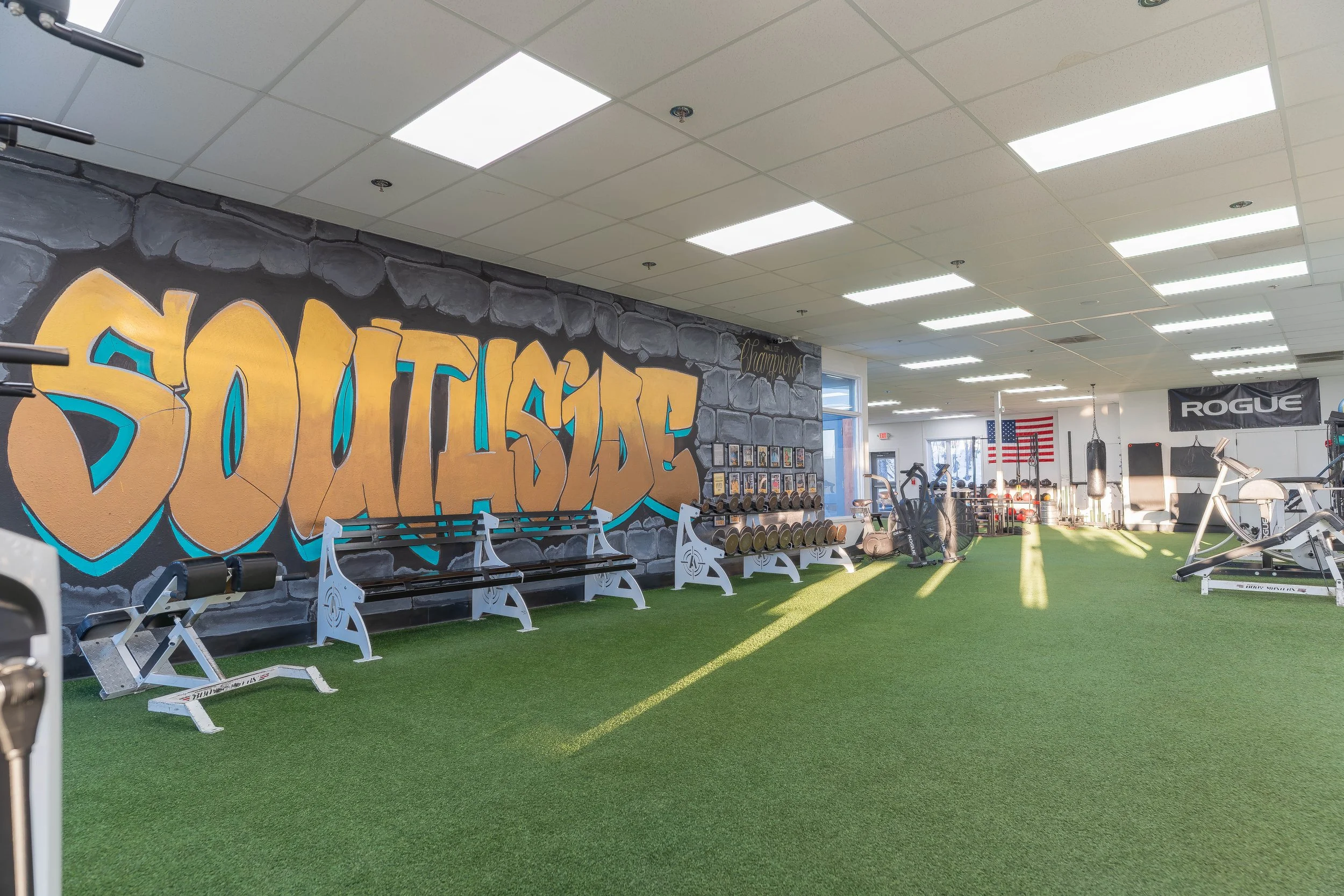 Southside mural at the front entry of Southside Strength and Fitness strength gym in Anchorage, Alaska