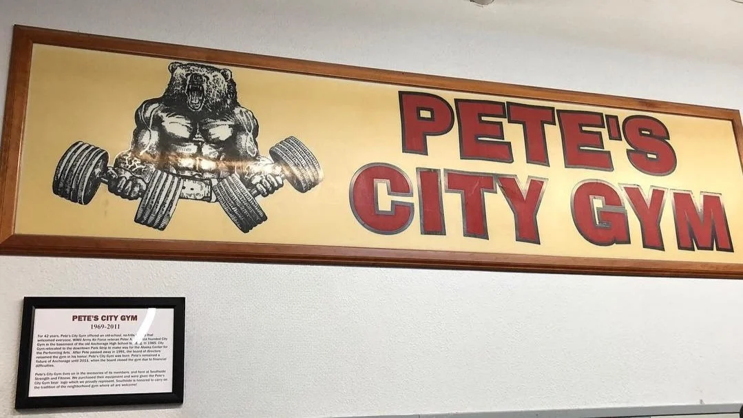 The original exterior sign from Pete’s City Gym, founded in 1969. The sign is now displayed inside Southside Strength and Fitness as a symbol of the strength and powerlifting legacy carried forward.