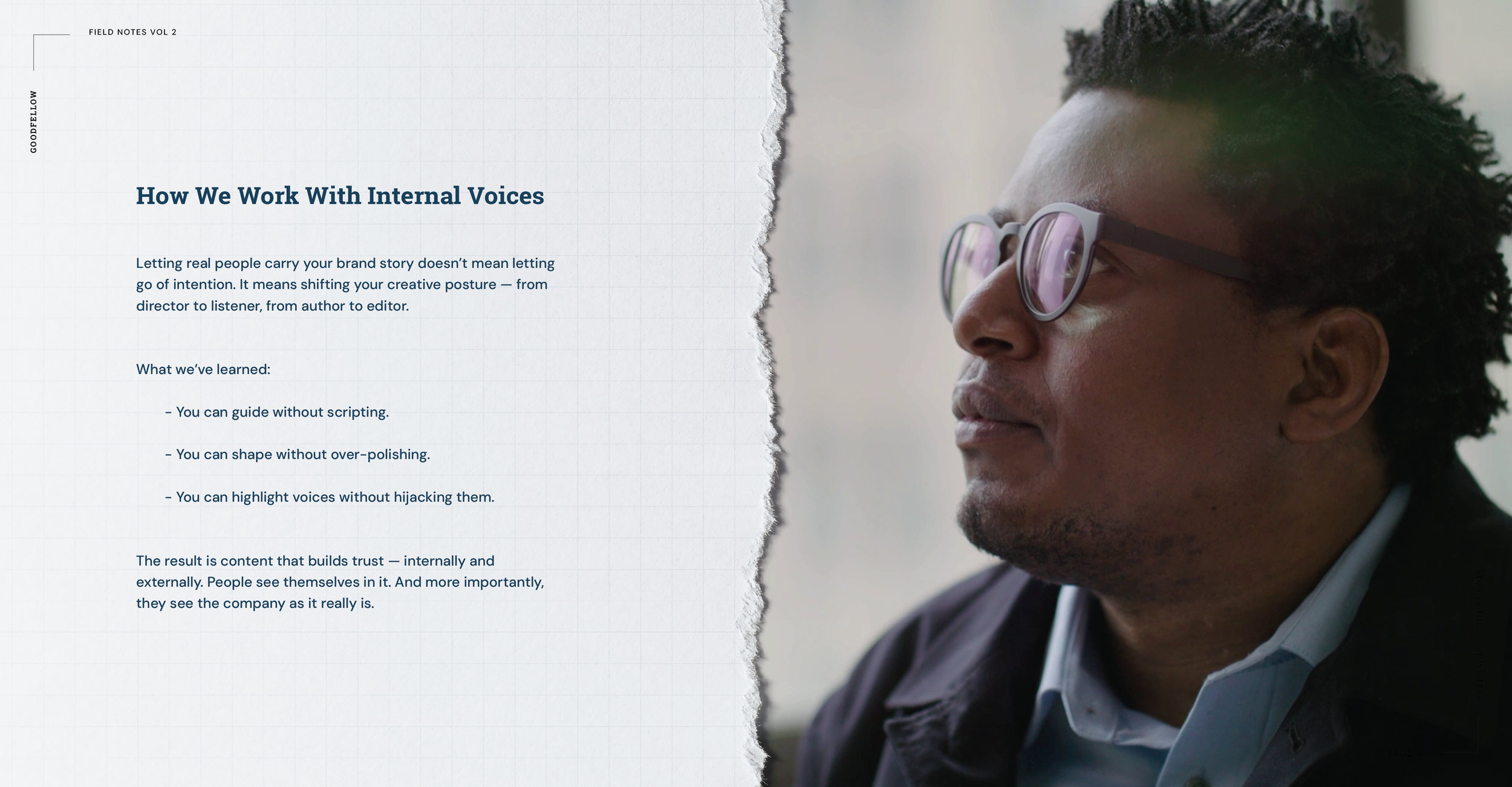 A man with glasses looking thoughtfully to the side, with a blurred background. Text on the left side discusses working with internal voices and building trust.