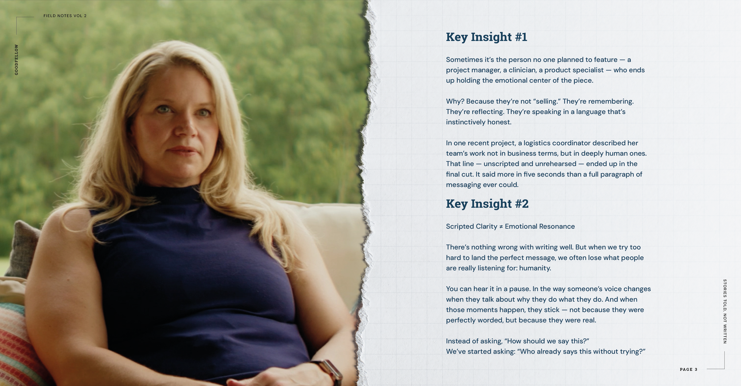A woman with long blonde hair, wearing a sleeveless navy blouse, sitting outdoors with a blurred green background and cushions behind her, next to a page of text with headings labeled 'Key Insight #1' and 'Key Insight #2'.
