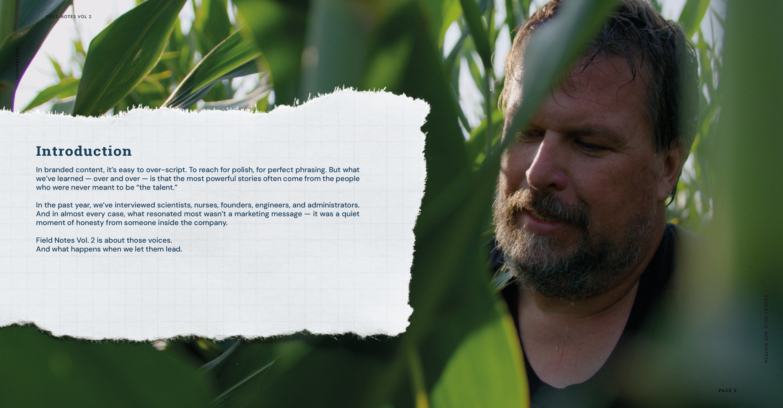 A man with a beard and curly hair in a cornfield, partially obscured by tall green corn leaves, with a torn paper-style overlay containing text titled 'Introduction'.
