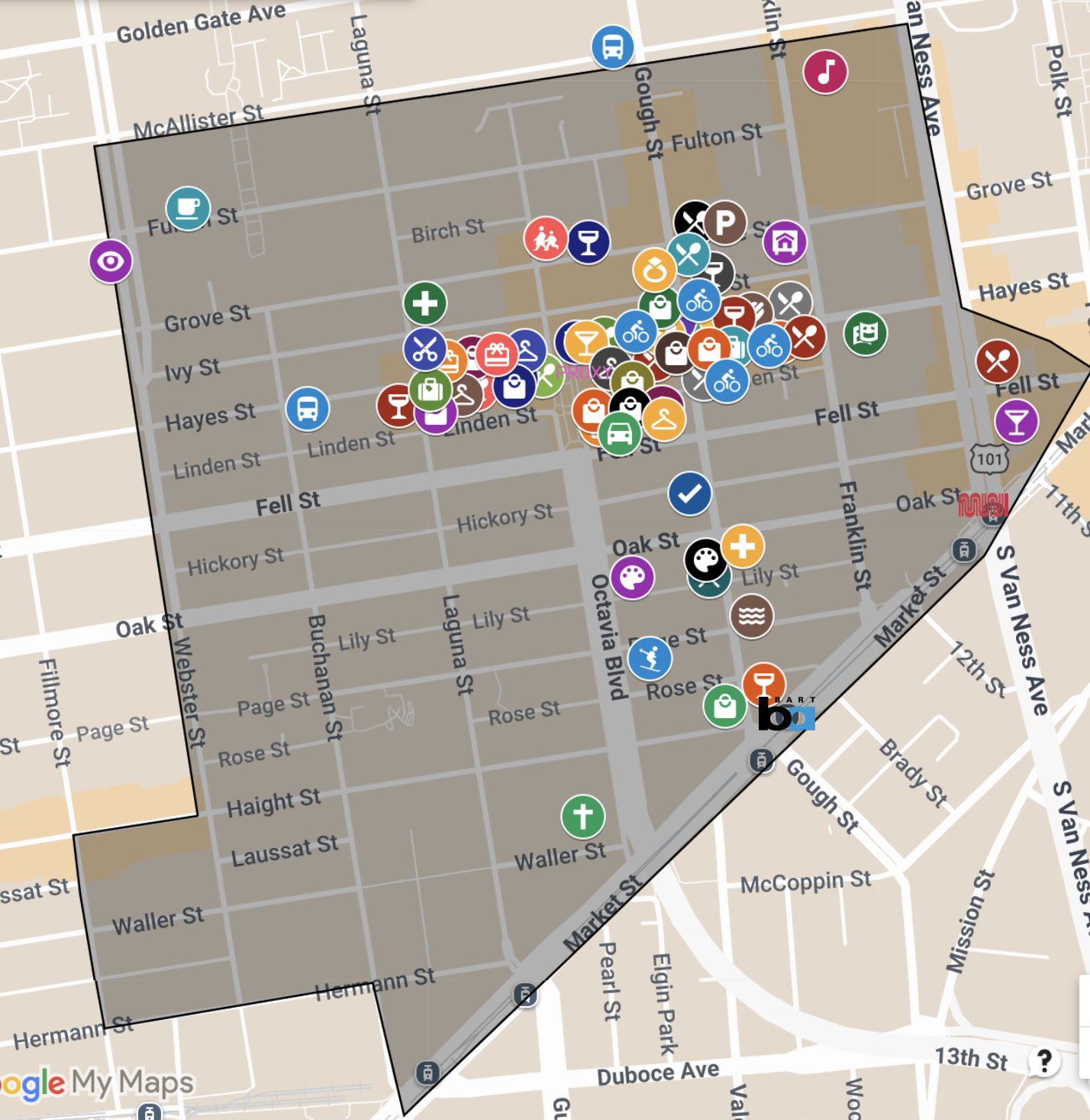 Map of a city neighborhood highlighting various amenities and points of interest with icons for transportation, food, shopping, health, and recreation, overlaid on a street map.