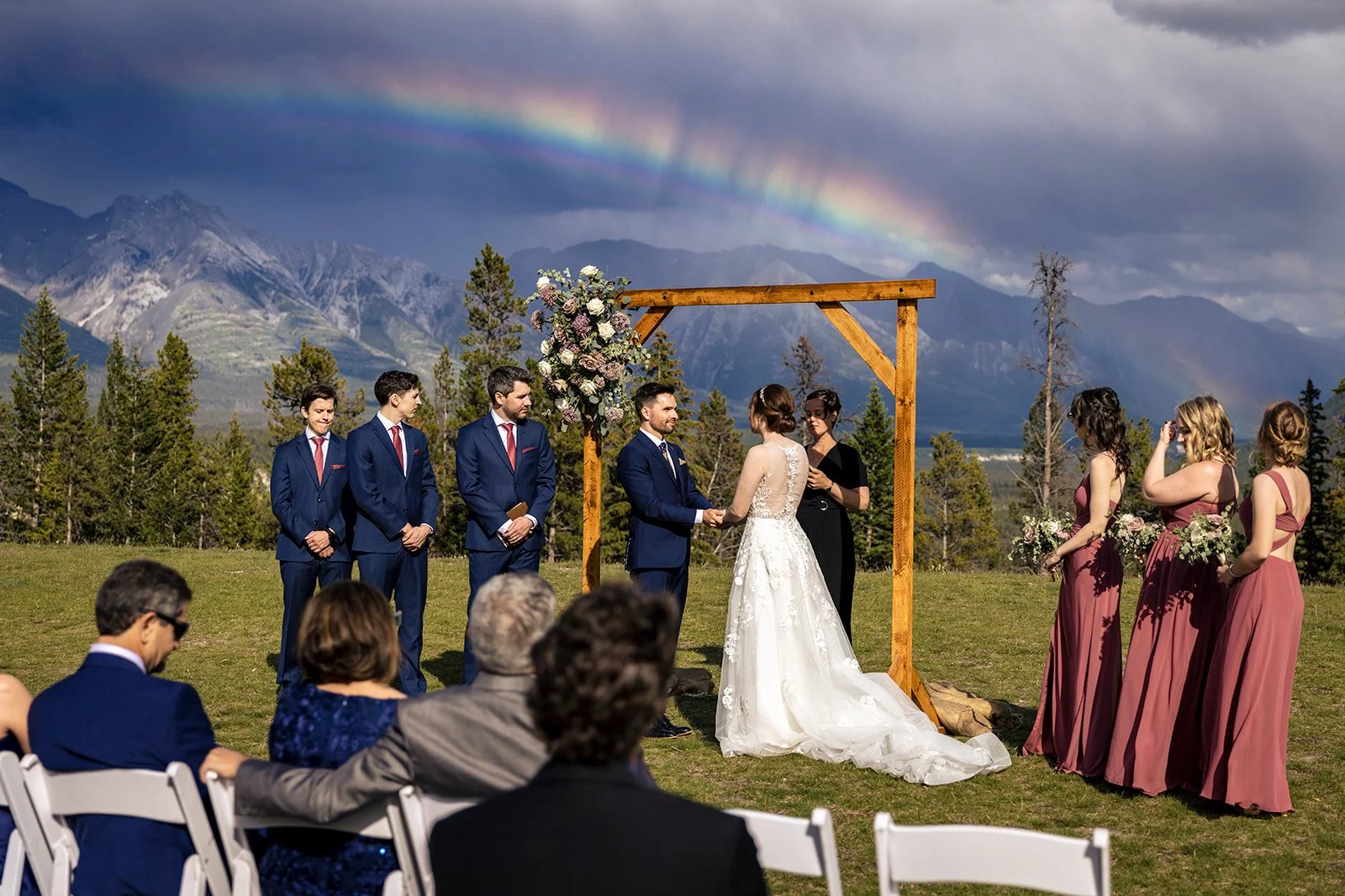 rainbow-at-summer-wedding-at-tunnel-mountain-in-banff-with-local-wedding-photographers-Wild-Alpine-Image-Co.