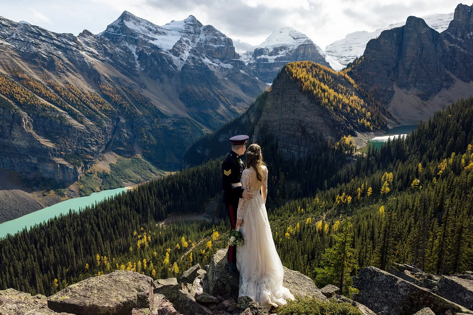 adventure-hiking-elopement-at-lake-louise-in-larch-season-with-Banff's-local-elopement-photographers-Wild-Alpine-Image-Co.