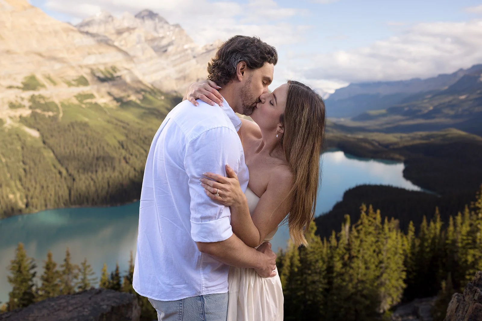 peyto lake engagement photos at sunrise captured by Banff's local elopement and engagement photographers, Wild Alpine Image Co.
