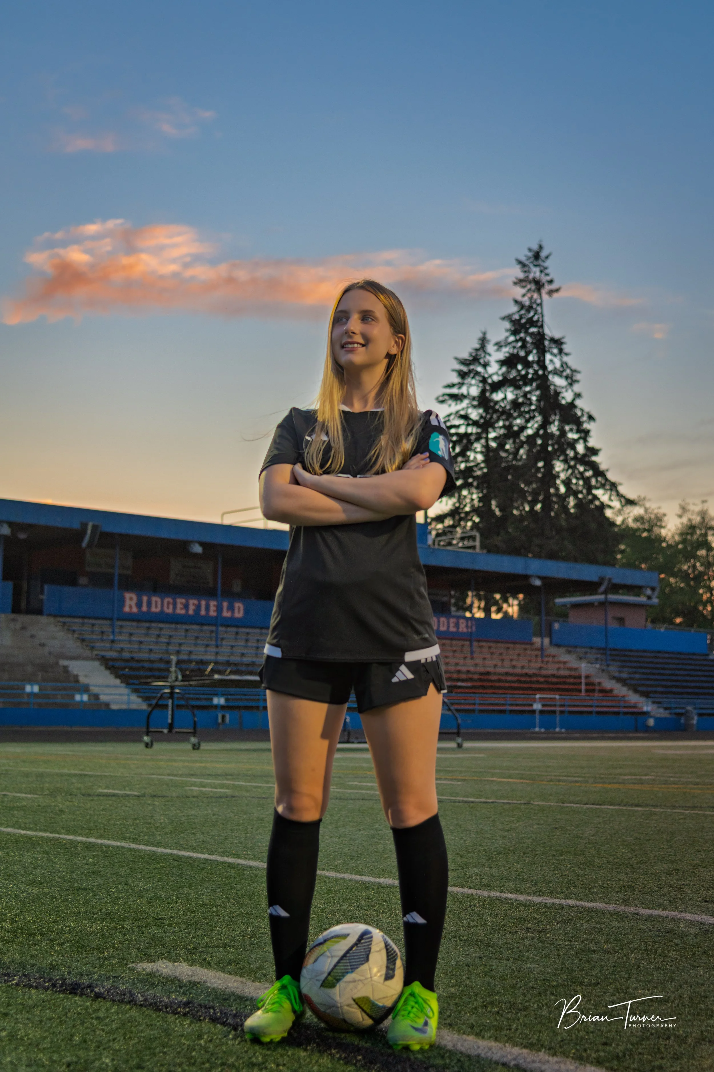 Senior portrait of a high school girl during a soccer session in Ridgefield WA by Brian Turner Photography
