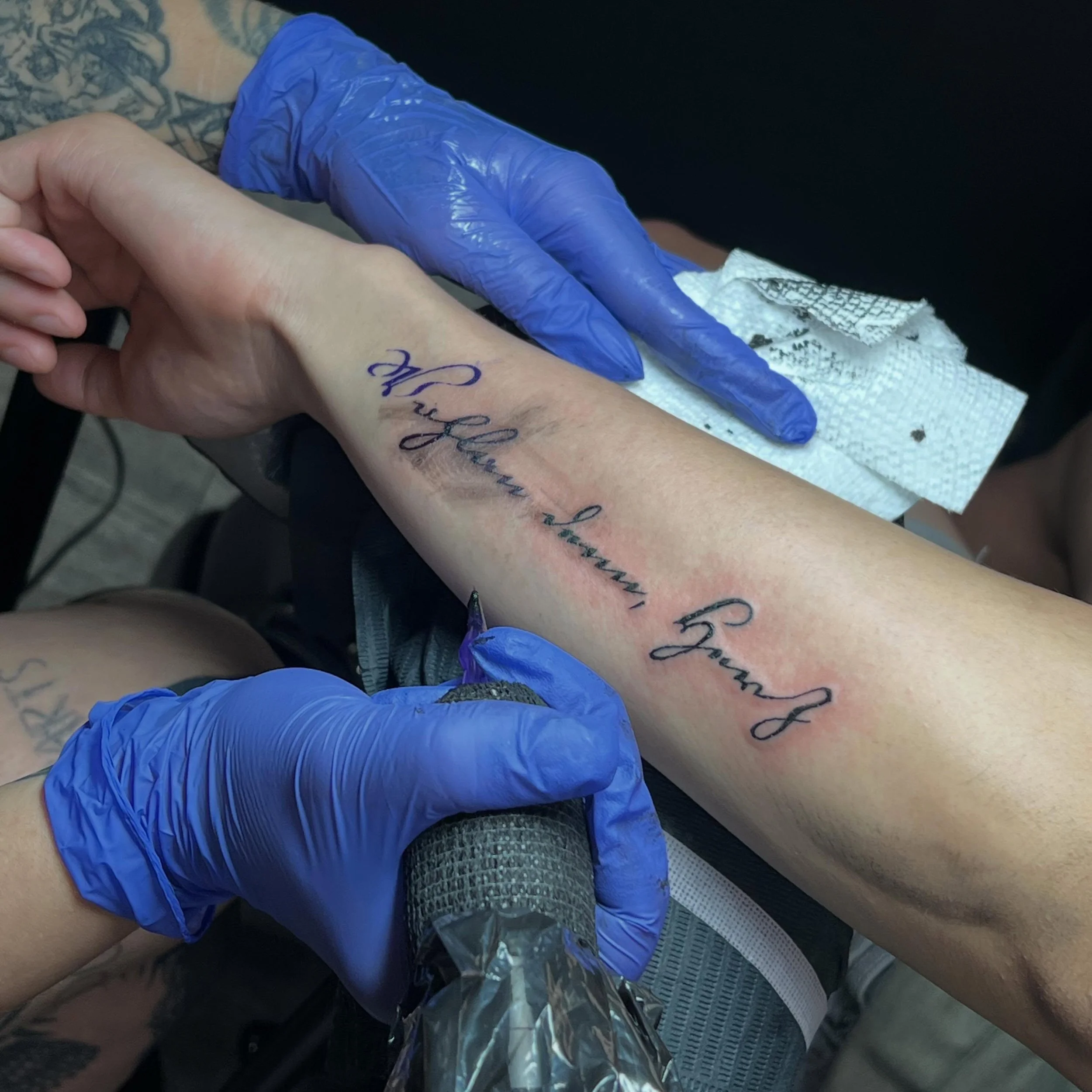 Beautiful script tattoo done by @izzyzappia666