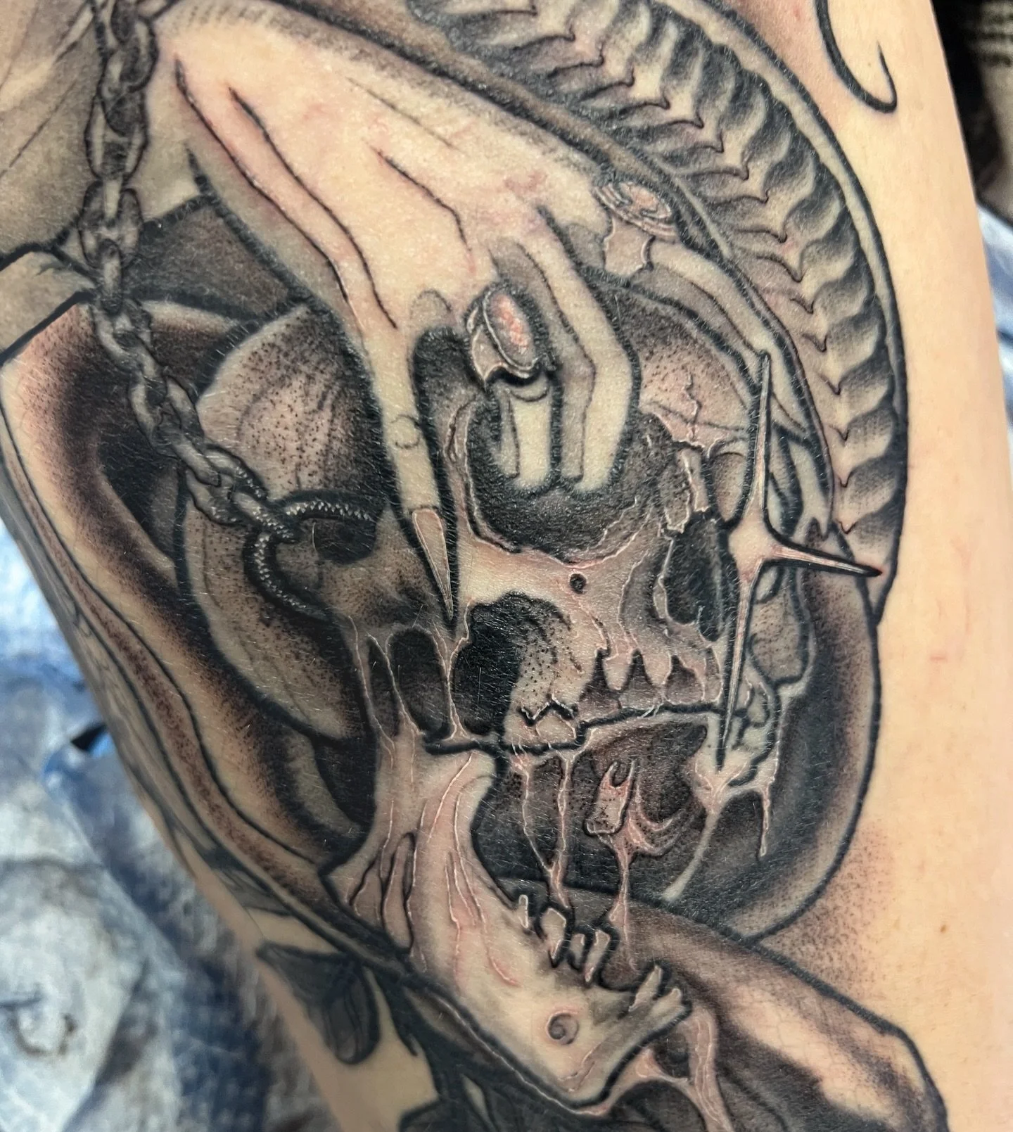 Gnarly skulls, demon babes, serpents and fast loud music. ✔️ More of this please. @dumb_baby_tattoo