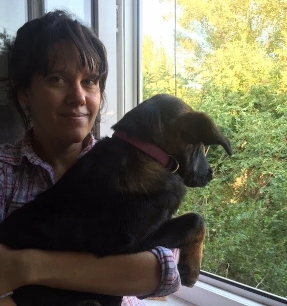 Woman holding a black dog with a pink collar looking out a window at fall foliage.