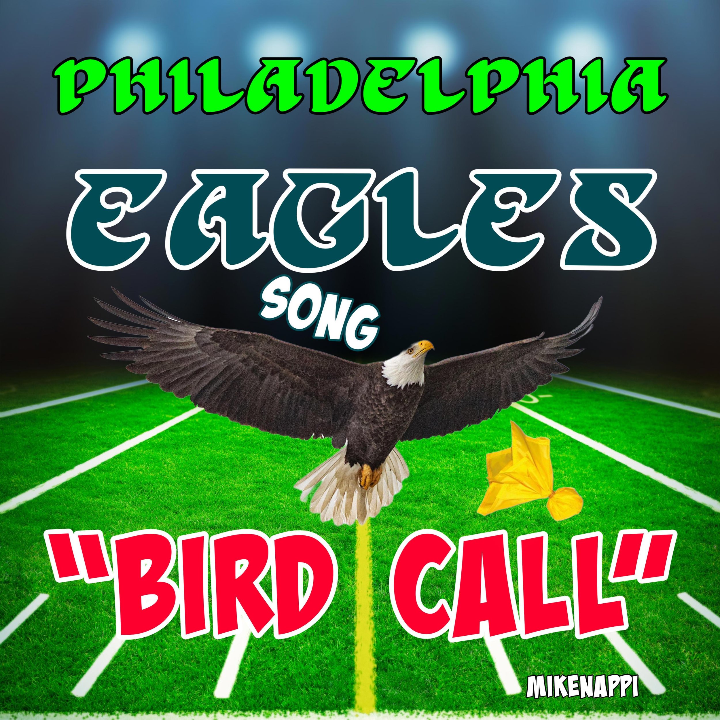 A football stadium turf with white yard lines, featuring bold red and white text overlay that reads 'BIRD CALL' and a yellow-billed bird, likely a bald eagle, soaring at the bottom. The background mascot name appears to be 'MIKENAPPI'.