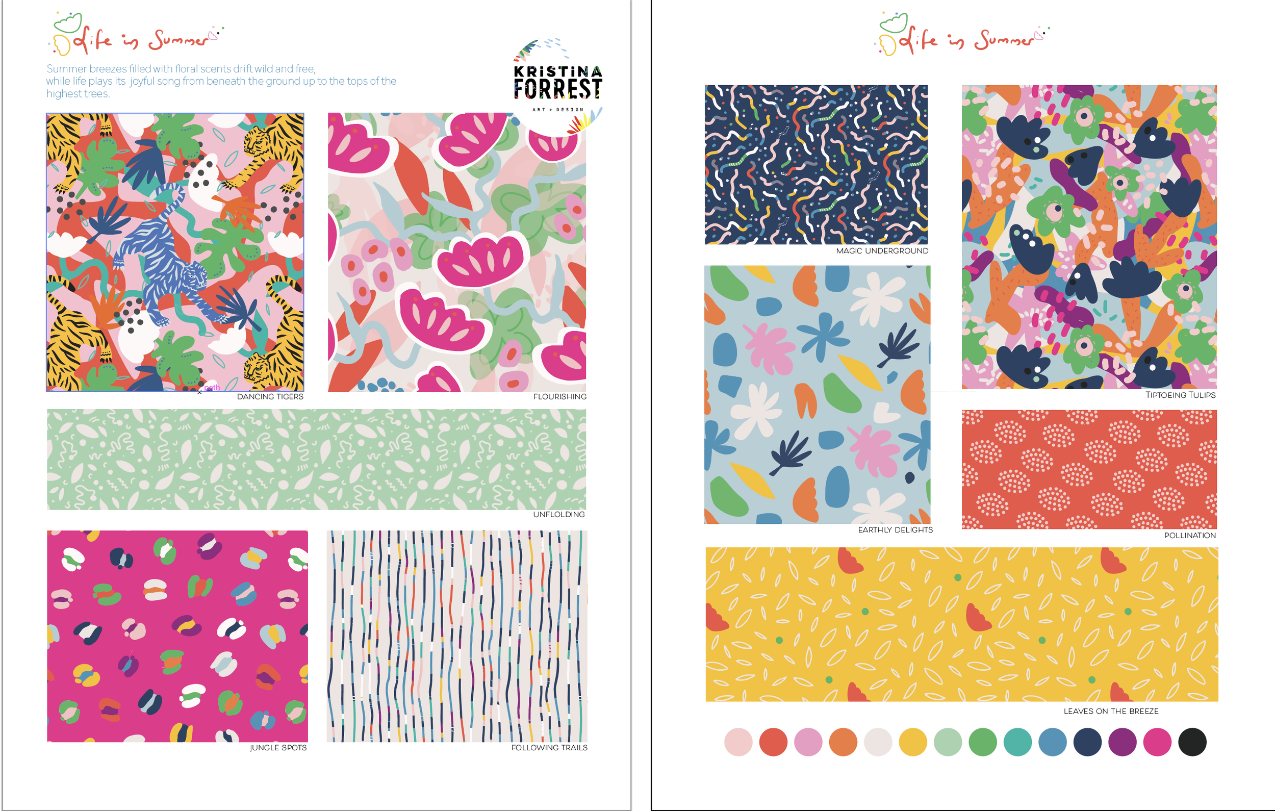 A collection of colorful summer-themed patterns, including dancing tigers, flourishing leaves, jungle spots, following trails, magic underground lines, earthly delights with flowers, tiptoeing tulips, pollination, and leaves on the breeze, with a color palette at the bottom.