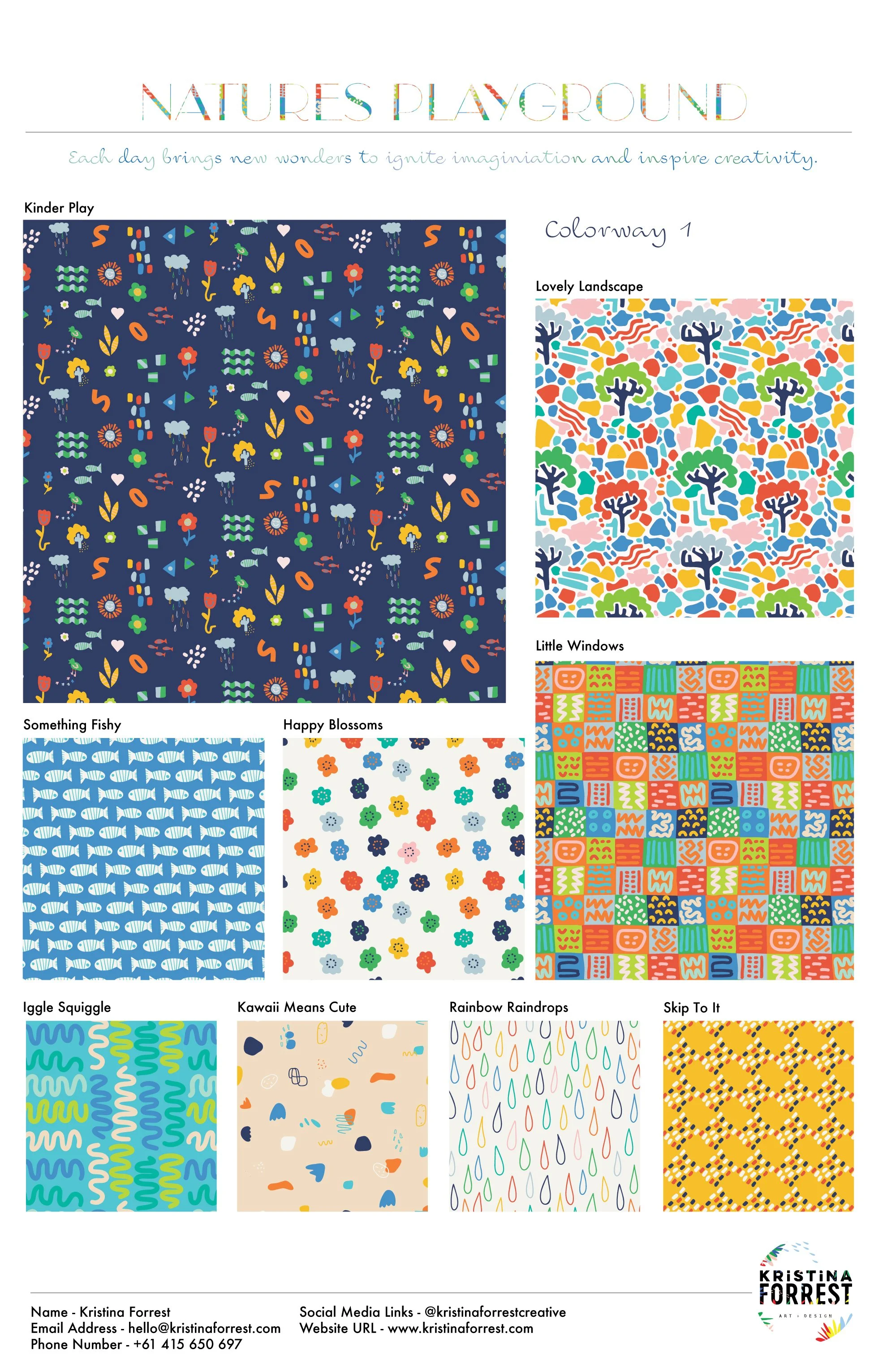 Color palette with nine fabric patterns called 'Natures Playground.' The patterns include kid-friendly designs like animals, flowers, rainbows, and geometric shapes, each with vibrant, playful colors.