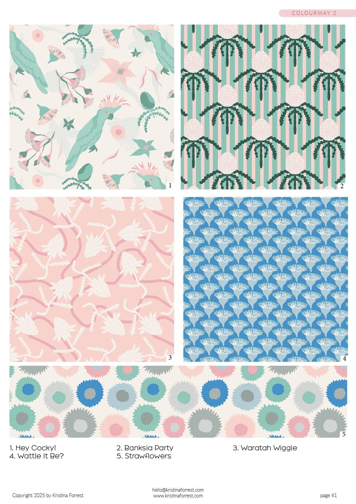 Eight pattern designs, including tropical birds and flowers, geometric shapes, and stylized floral motifs, each in pastel and vibrant colors.