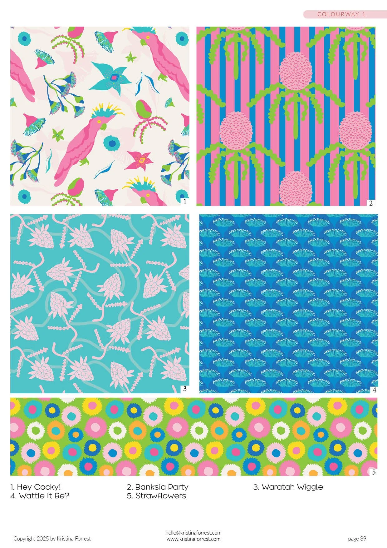 Six colorful abstract patterns with floral and nature-inspired designs, labeled as Hey Cocky!, Banksia Party, Waratah Wiggle, Wattle It Be?, and Strawflowers.