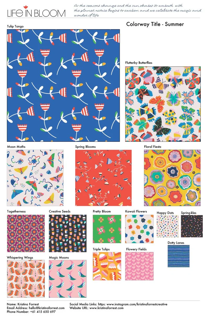 A collection of colorful patterns inspired by spring and summer themes, including floral designs, butterflies, tulips, dots, and abstract motifs, titled 'Life in Bloom' by Kristina Forrest.