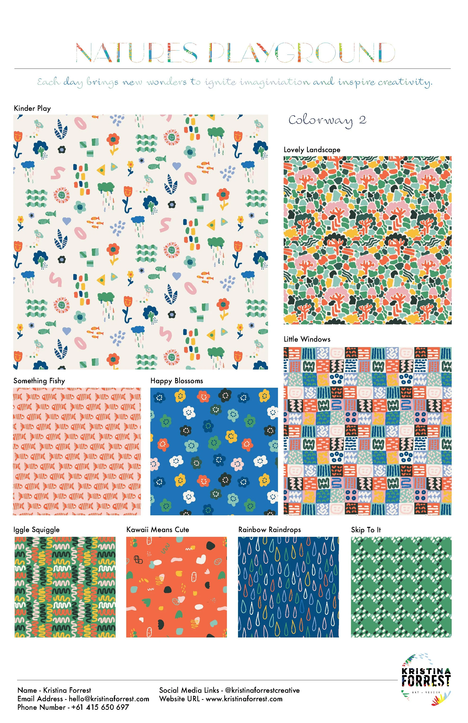 A colorful printable pattern sheet titled 'Natures Playground' with various children's fabric patterns including 'Kinder Play', 'Colorway 2', 'Lovely Landscape', 'Little Windows', 'Something Fishy', 'Happy Blossoms', 'Iggle Squeegle', 'Kawaii Means Cute', 'Rainbow Raindrops', and 'Skip To It'. Each pattern features playful, vibrant designs suitable for children's textiles.
