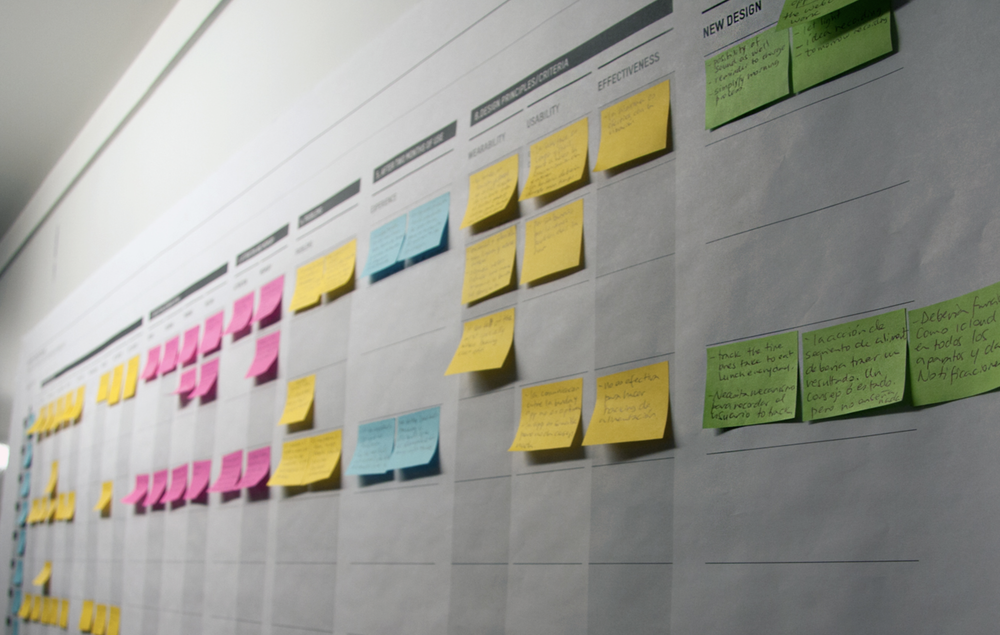 A large whiteboard features multiple rows and columns filled with colorful sticky notes, including pink, yellow, blue, and green, used for organizing tasks or ideas.