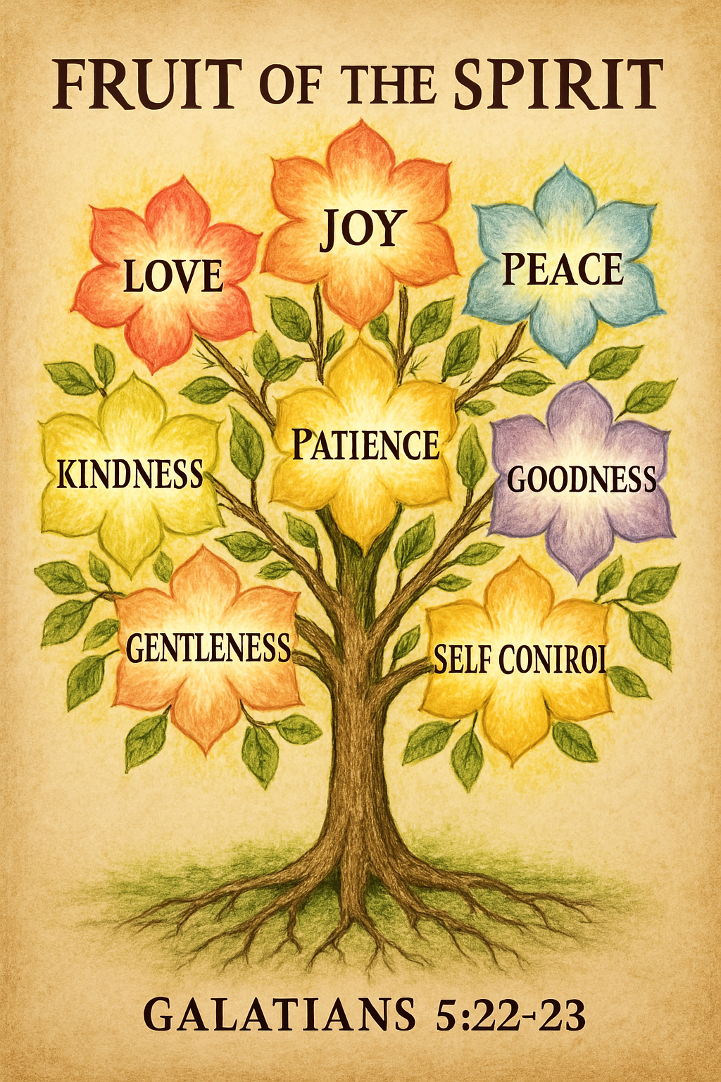 A Colorful tree with Fruit of the Spirt on It like Love, Peace, Joy, Patience, Kindness, Goodness, Self Control, - Galatians 5:22-23