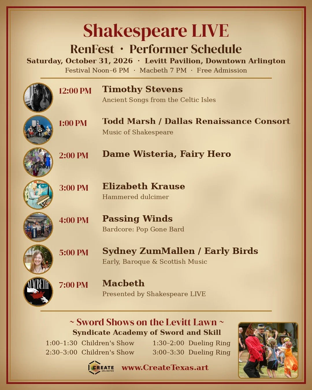 Shakespeare LIVE RenFest performer schedule