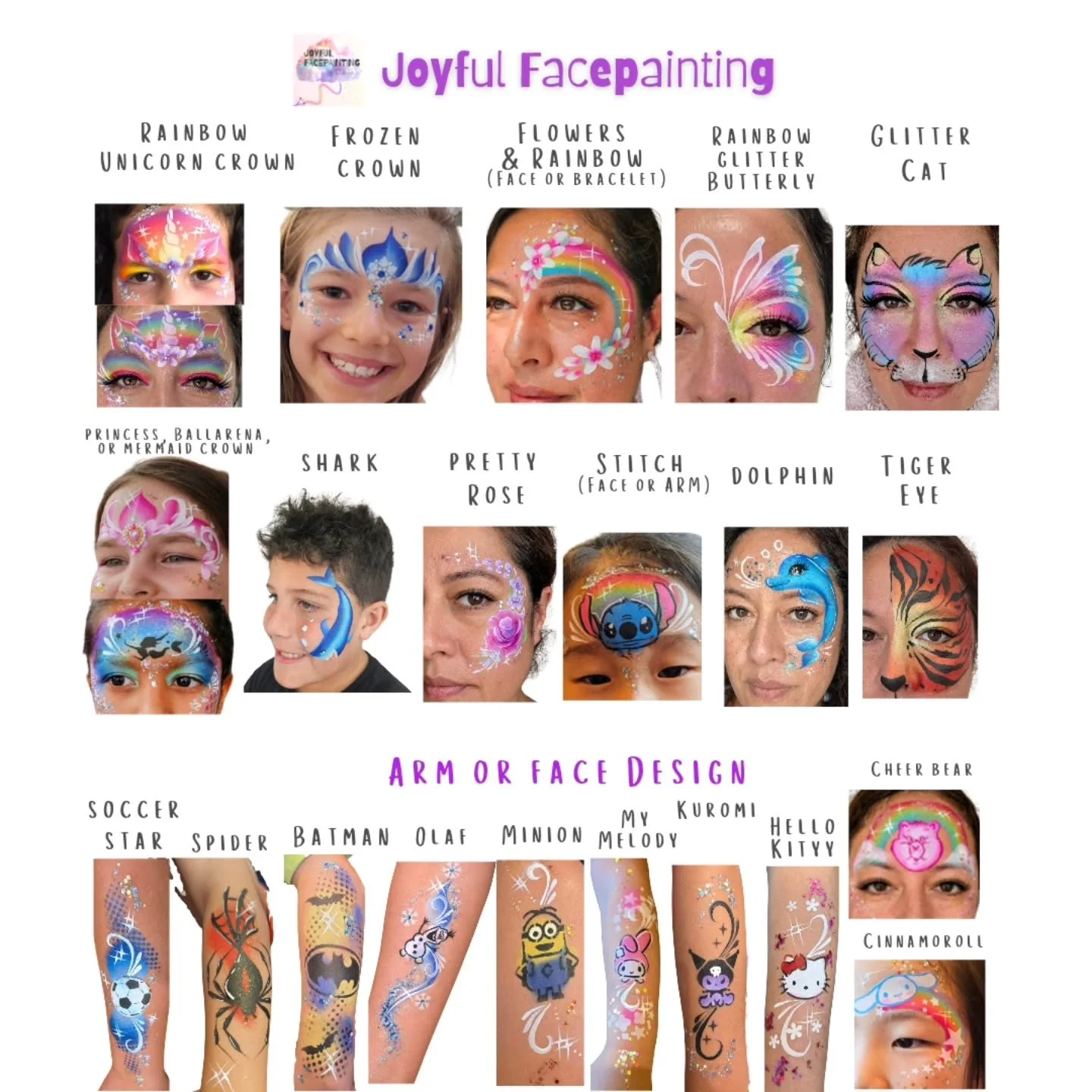 Spreading joy &amp; cheer ✨
Speedy Line Menu 🎨🖌️
Designed for high-volume events so everyone gets a turn.
✨ Fast, fun, and beautiful designs
✨ Face or arm options available
✨ Older kids often prefer arm designs (quick + cool)
Perfect for parties, f
