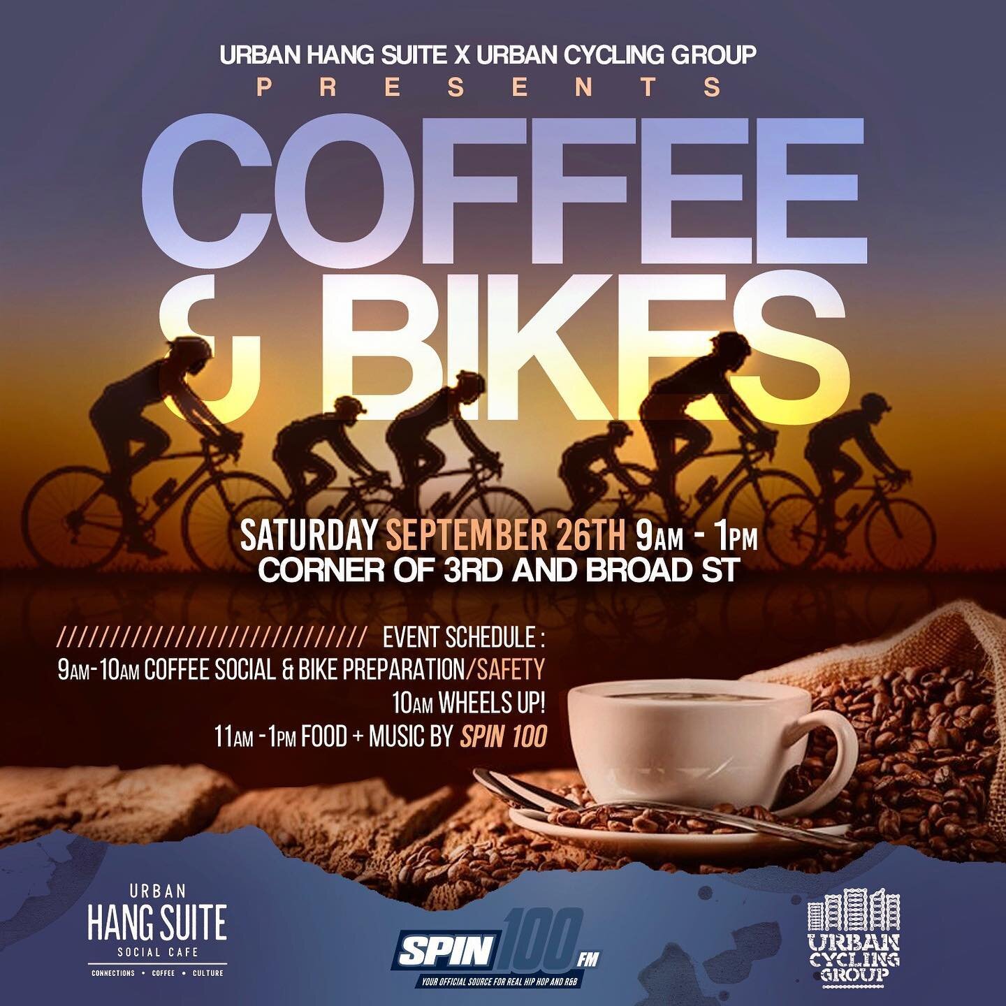 @urbancyclinggroup X @urbanhangsuiterva have come together to bring you an event that combines 2 things people love..Coffee and Fitness. Join us on September 26 from 9am - 1pm for Coffee &amp; Bikes. We will drink coffee while socializing and prepari