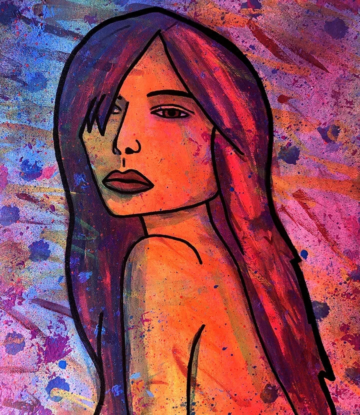 A colorful abstract painting of a woman with long hair, featuring a background with splashes of pink, purple, blue, and orange.
