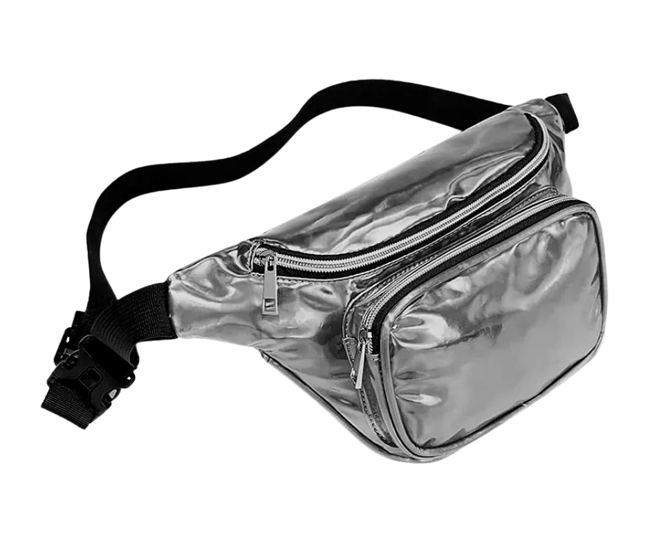 A shiny silver fanny pack with multiple zippered compartments and a black adjustable strap.