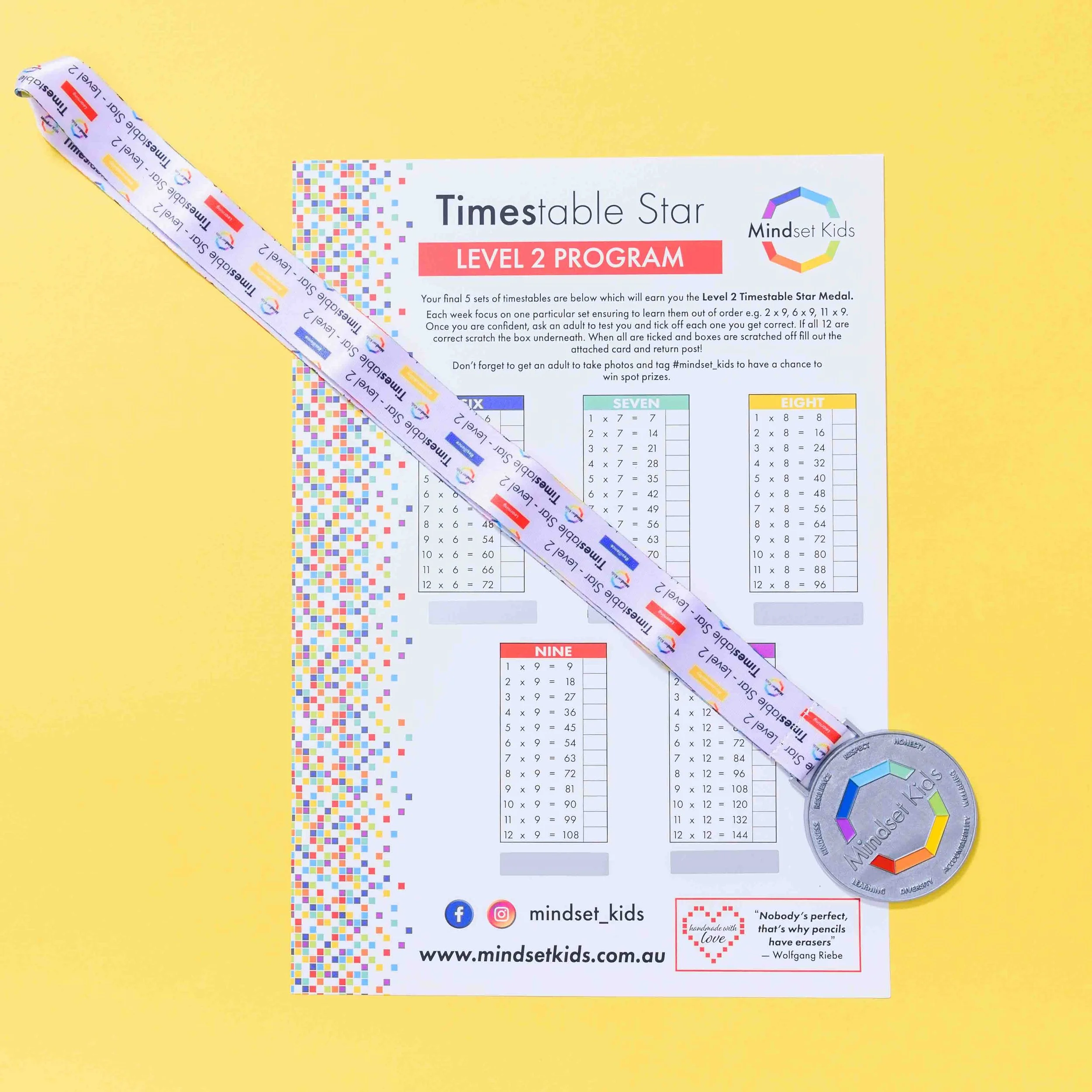 A timetable chart for a Level 2 Program by Mindset Kids, with multiplication tables for numbers seven, eight, nine, and twelve, on a yellow background. A colorful medal with the Mindset Kids logo and a labeled ribbon are also present.